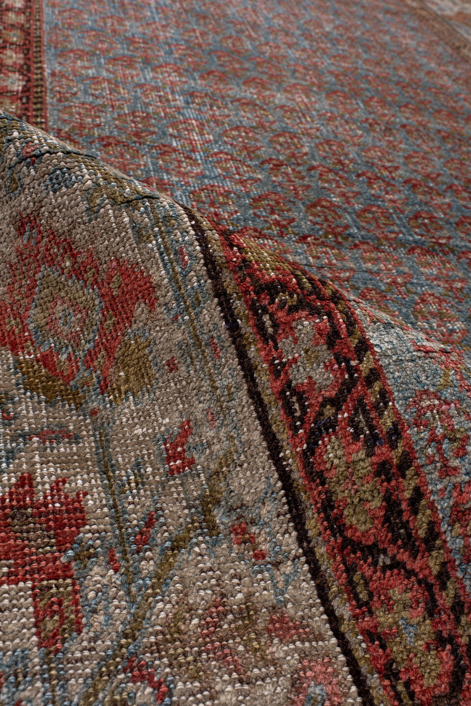 3' x 16' one-of-a-kind handmade antique Bidjar runner rug. Color palette: blue, ivory, rust, terracotta, taupe, slate, brown
