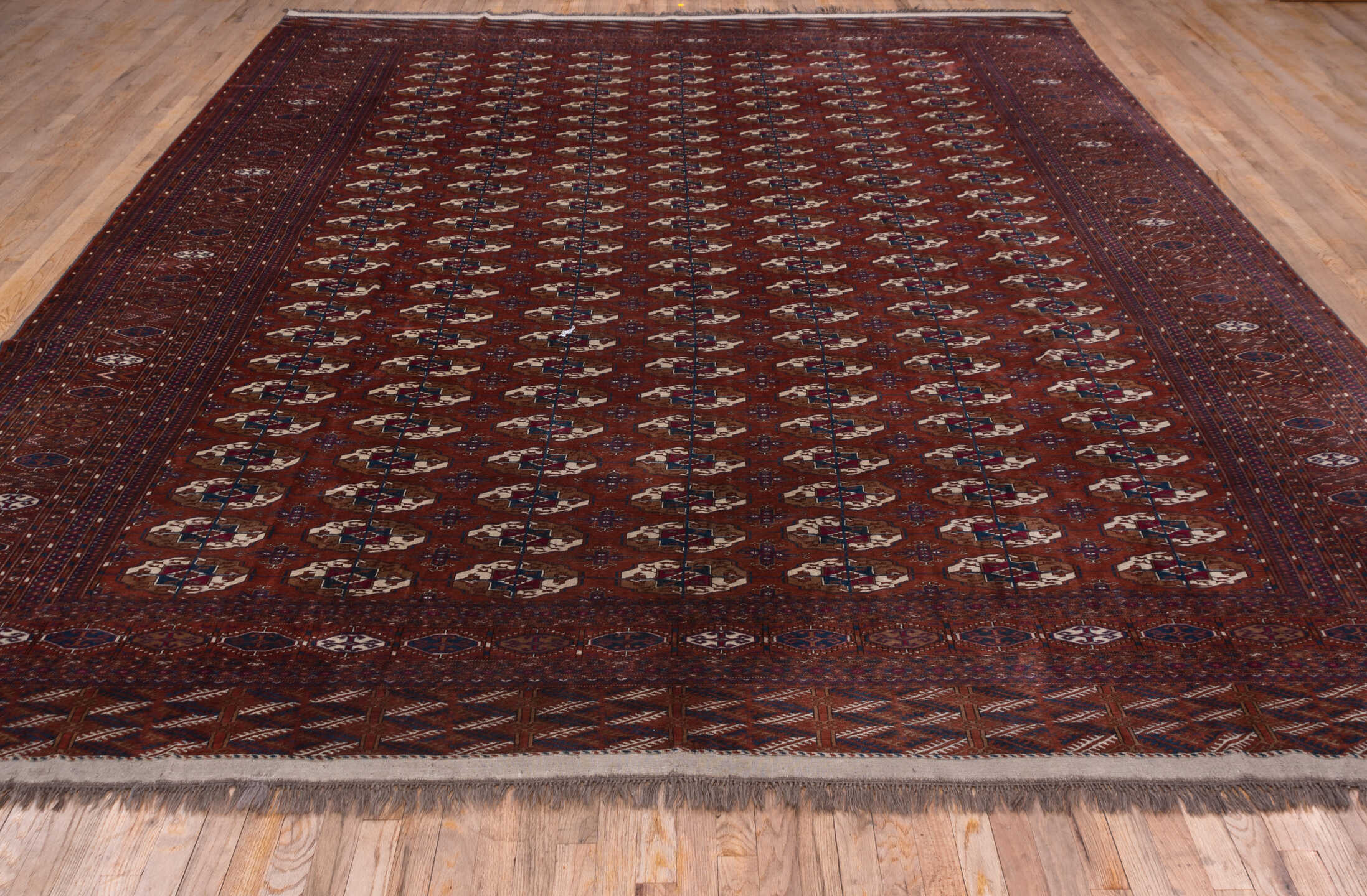 10' x 13' one-of-a-kind handmade vintage Torkaman large size rug. Color palette: brown, gray, light gray, off-white, orange
