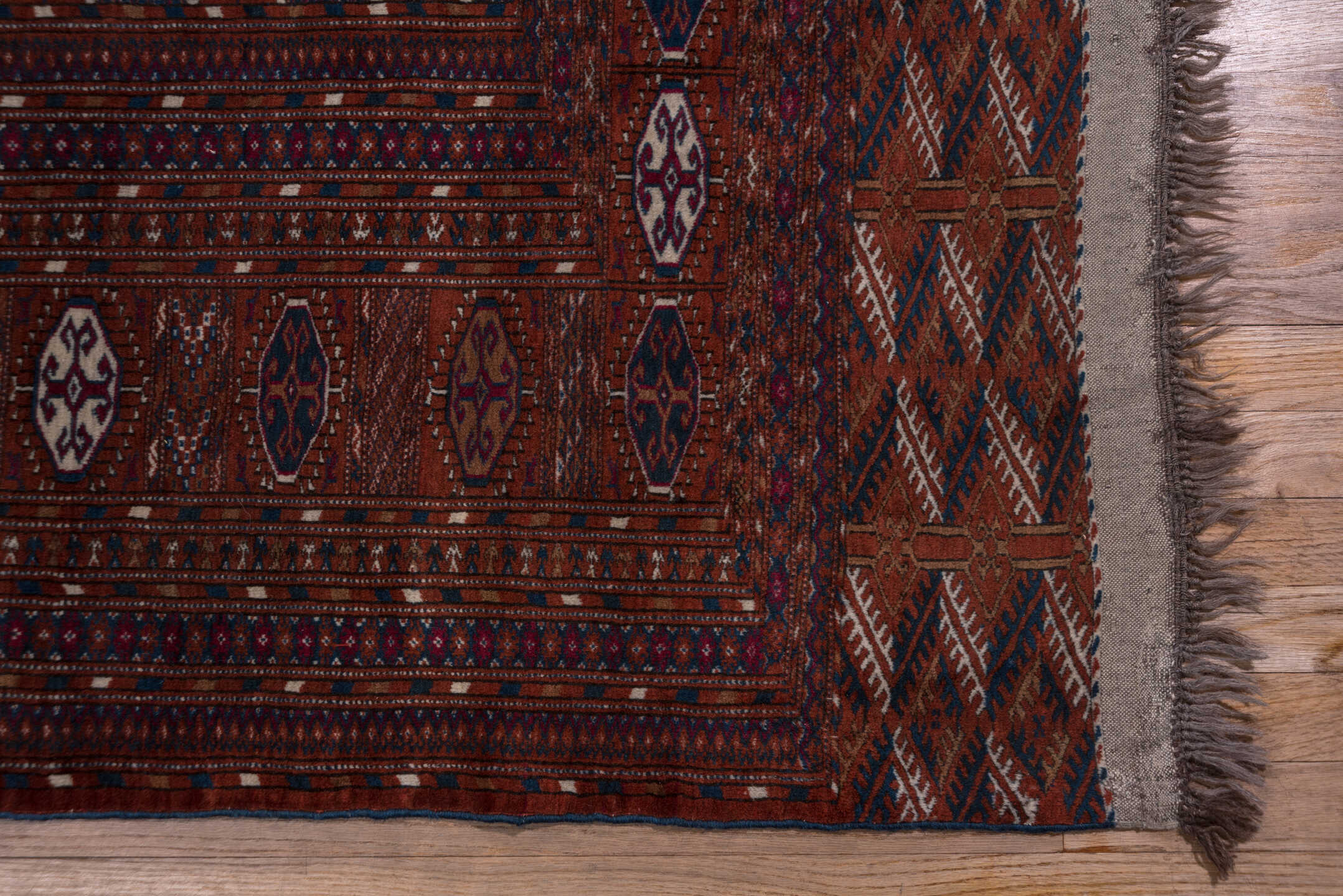10' x 13' one-of-a-kind handmade vintage Torkaman large size rug. Color palette: brown, gray, light gray, off-white, orange