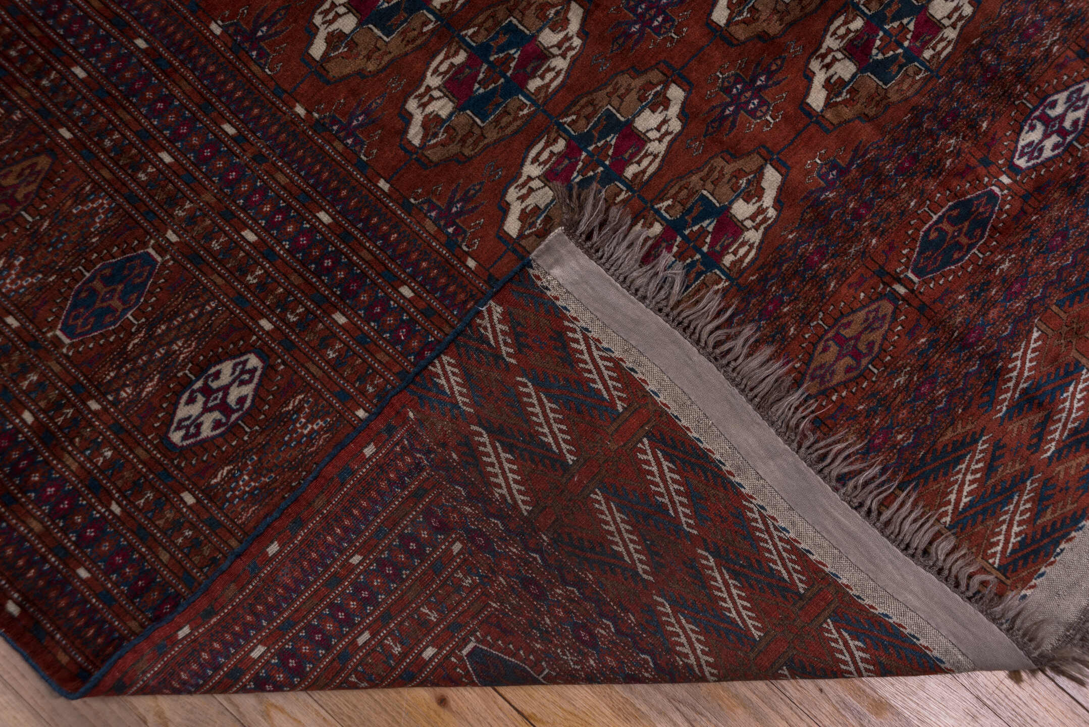 10' x 13' one-of-a-kind handmade vintage Torkaman large size rug. Color palette: brown, gray, light gray, off-white, orange