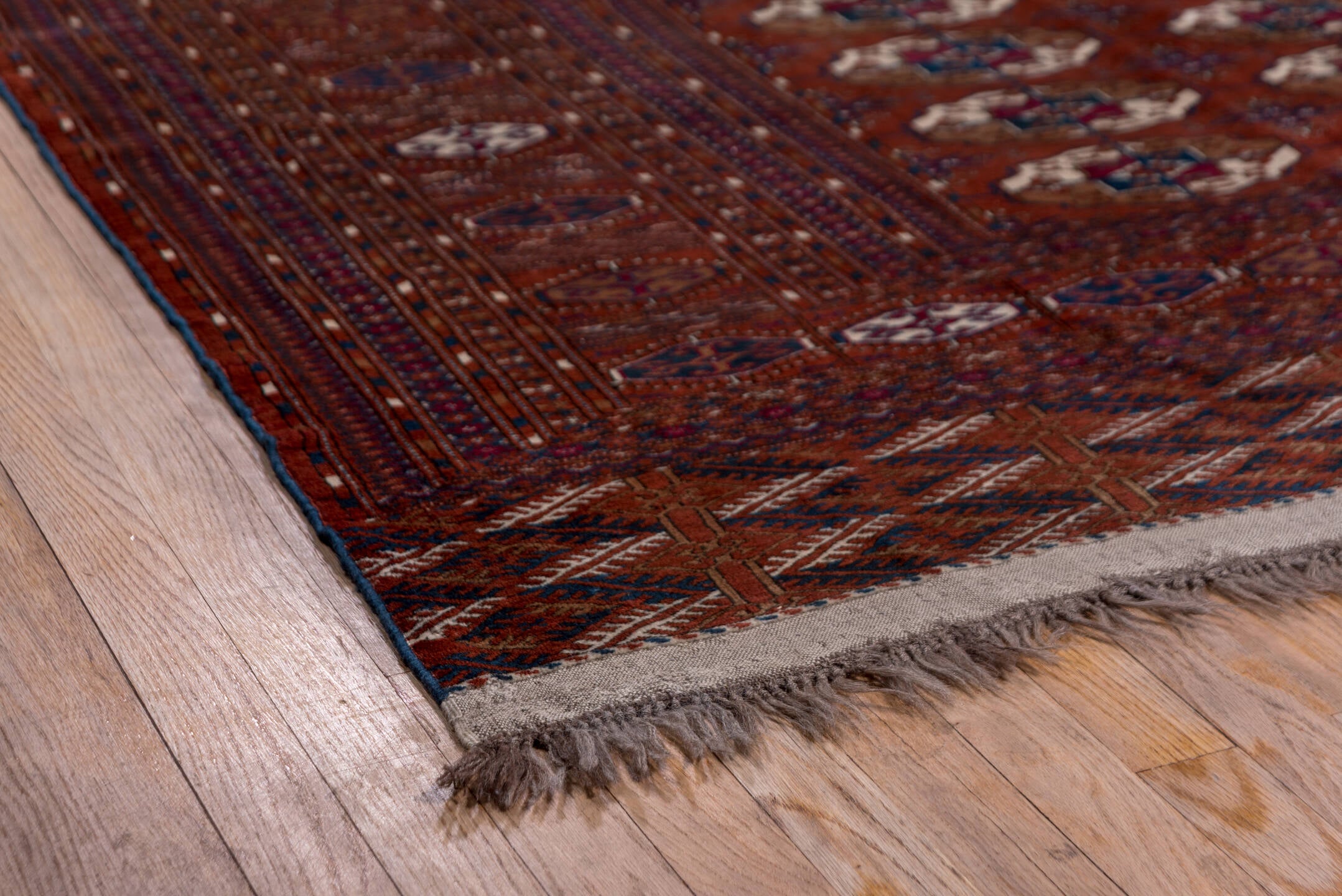 10' x 13' one-of-a-kind handmade vintage Torkaman large size rug. Color palette: brown, gray, light gray, off-white, orange