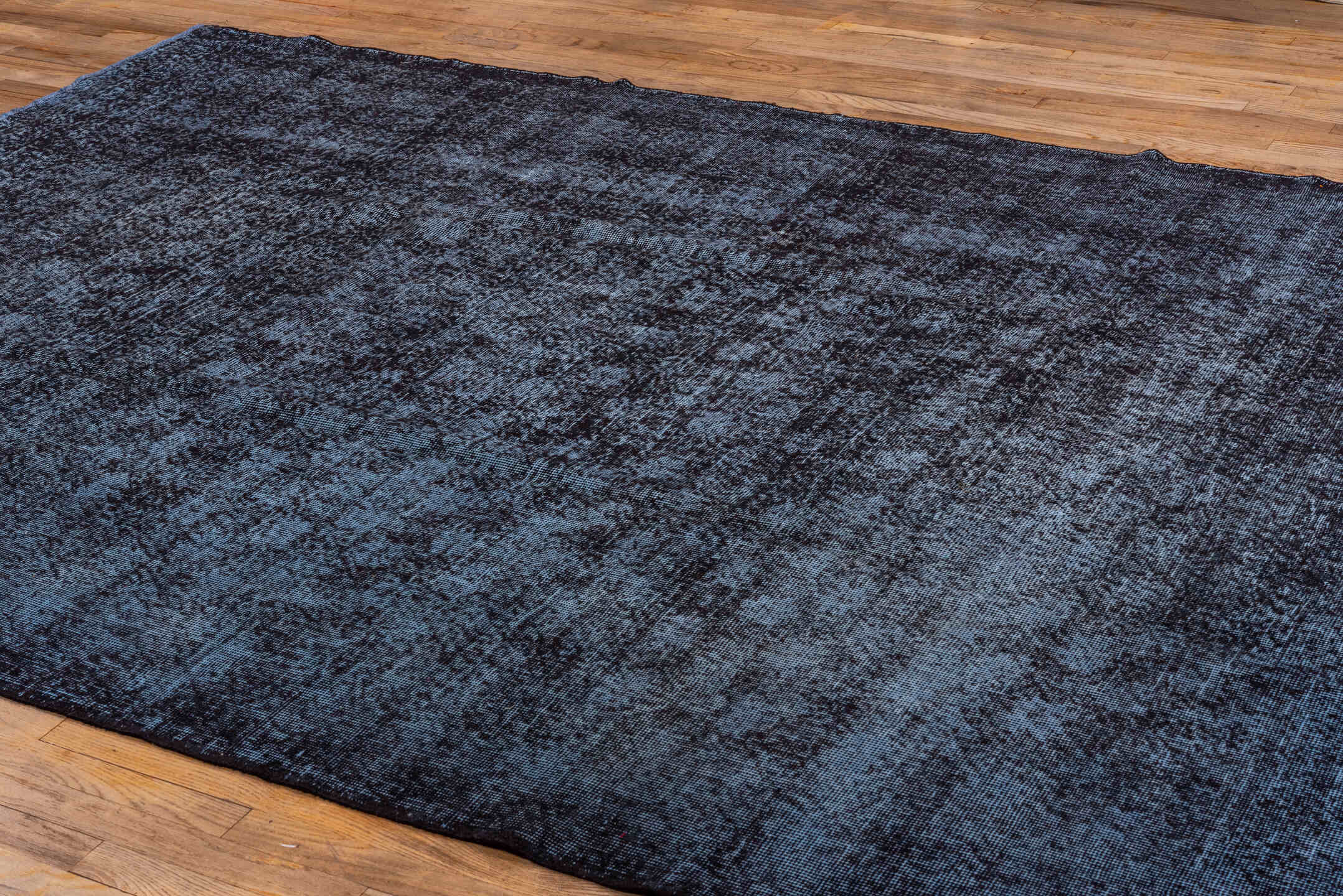 7' x 10' one-of-a-kind handmade vintage Overdyed large size rug. Color palette: blue, dim gray, fiord, gray, light blue