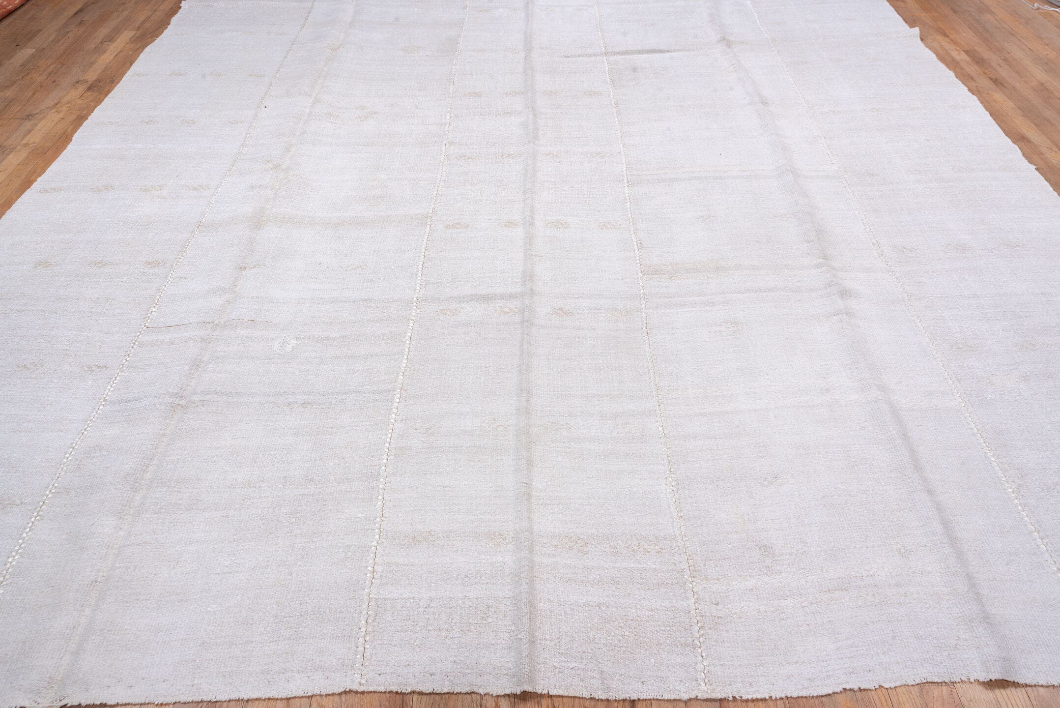10' x 13' one-of-a-kind handmade vintage Hemp Kilim large size rug. Color palette: ivory, cream, beige, taupe, gray