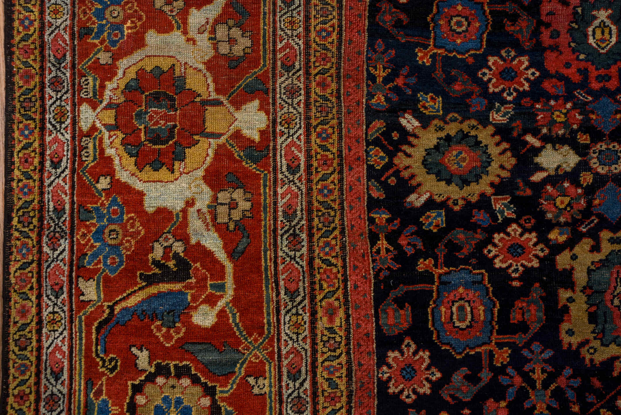 14' x 19' one-of-a-kind handmade antique Sultanabad oversize rug. Color palette: navy, rust, ivory, sky blue, terra cotta