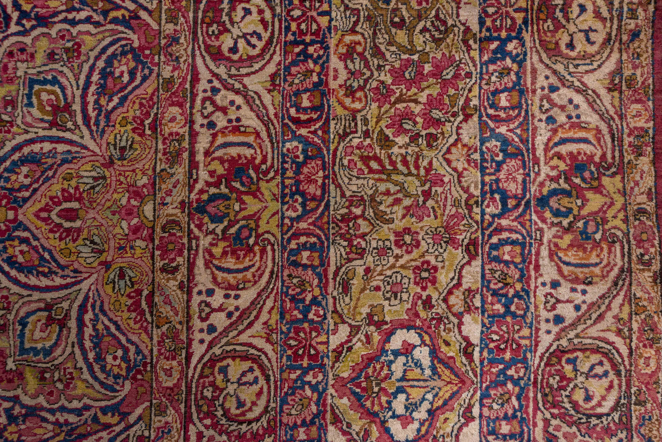20' x 25' one-of-a-kind handmade antique Lavar oversize rug. Color palette: beige, rose, rust, soft blue, ivory, burgundy