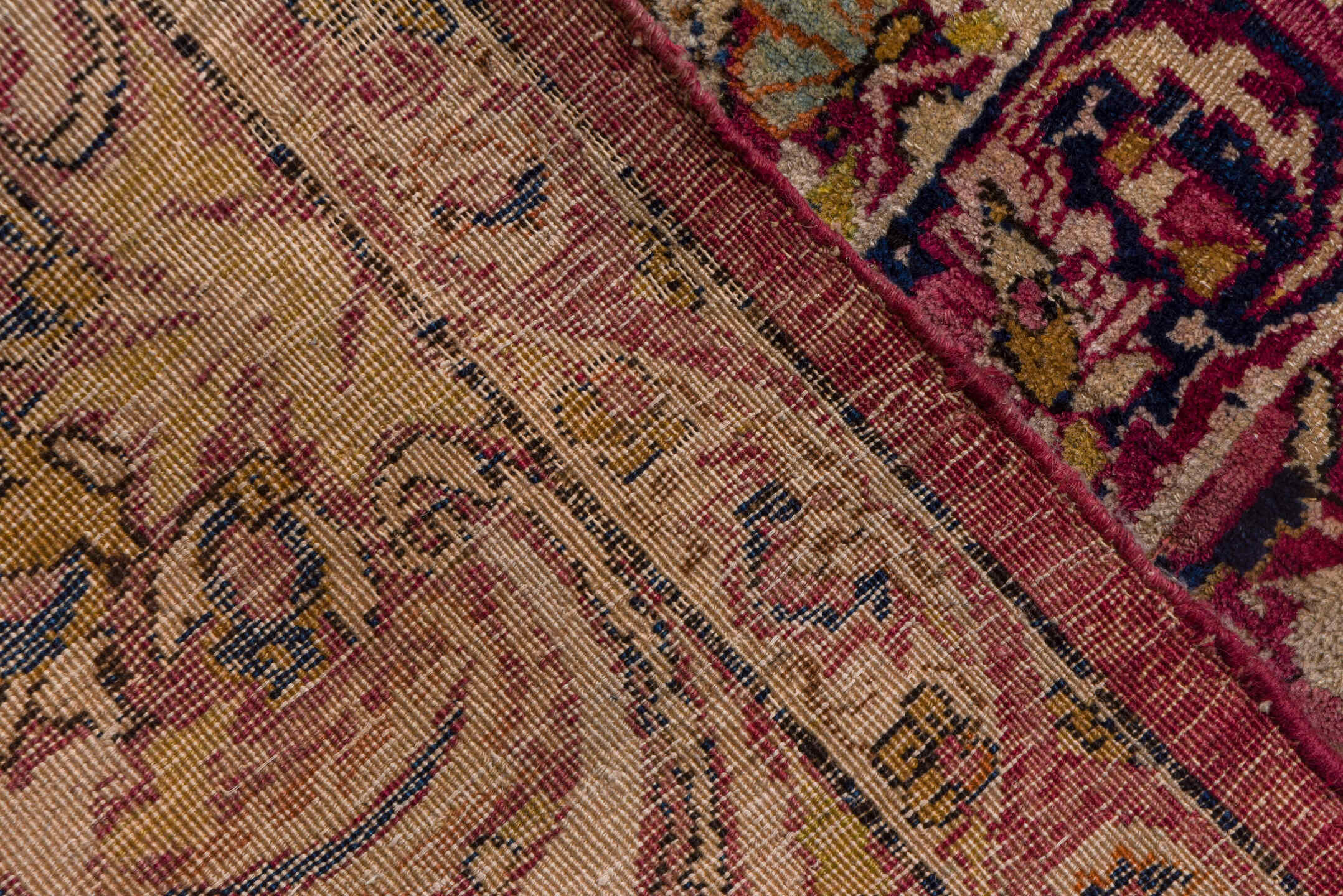 20' x 25' one-of-a-kind handmade antique Lavar oversize rug. Color palette: beige, rose, rust, soft blue, ivory, burgundy