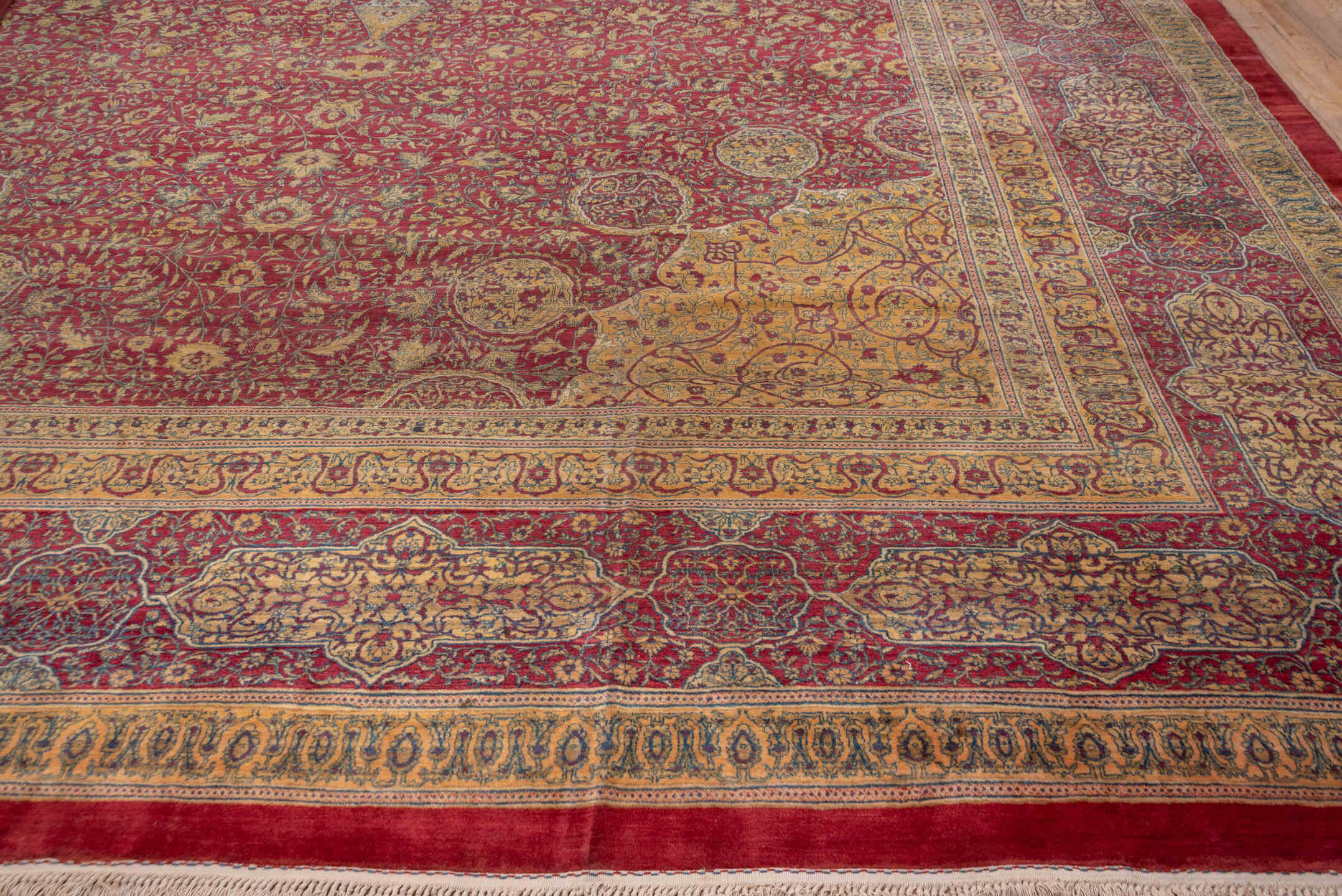 17' x 32' one-of-a-kind handmade antique Agra oversize rug. Color palette: crimson, ivory, gold, slate, rose, burgundy, red