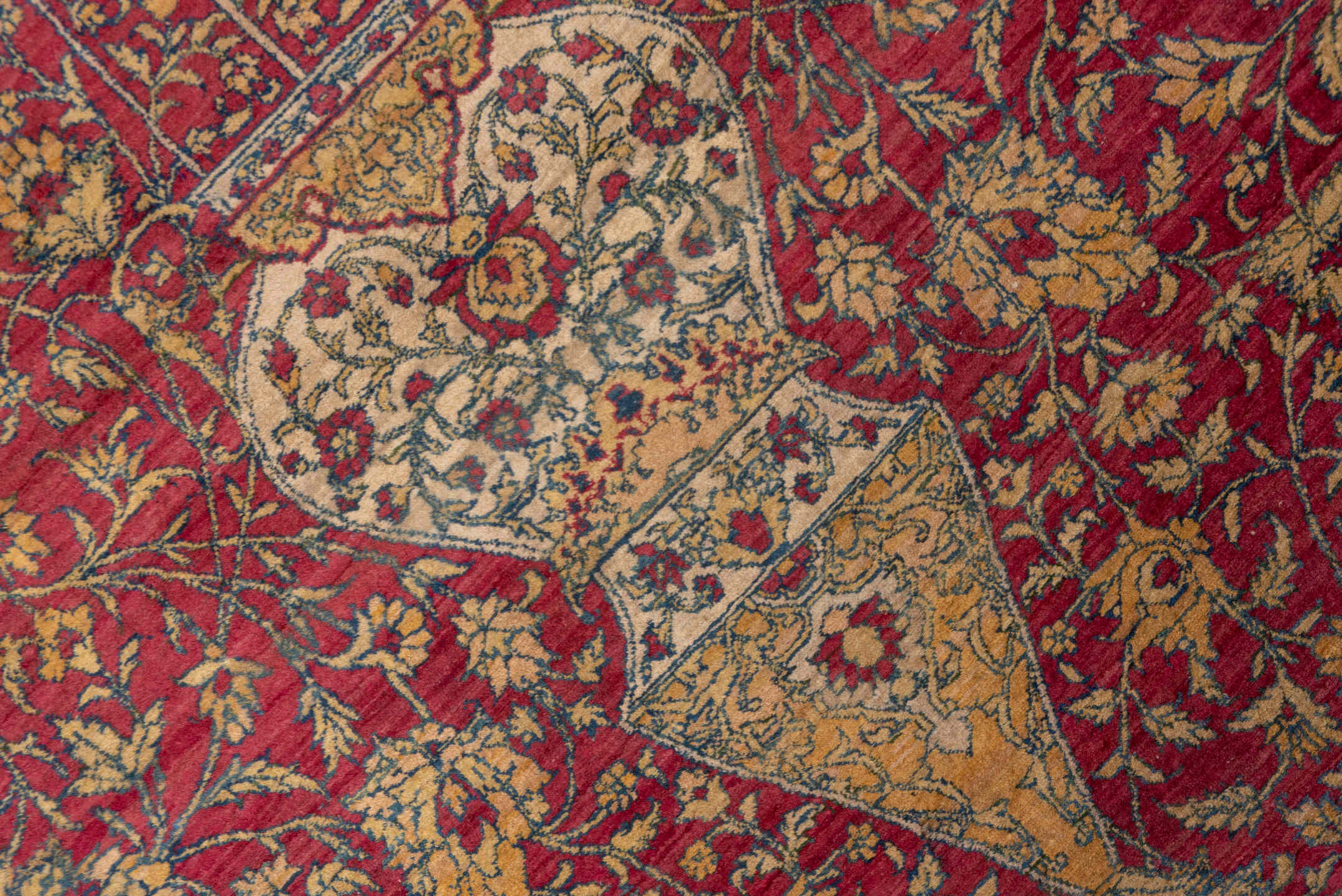 17' x 32' one-of-a-kind handmade antique Agra oversize rug. Color palette: crimson, ivory, gold, slate, rose, burgundy, red