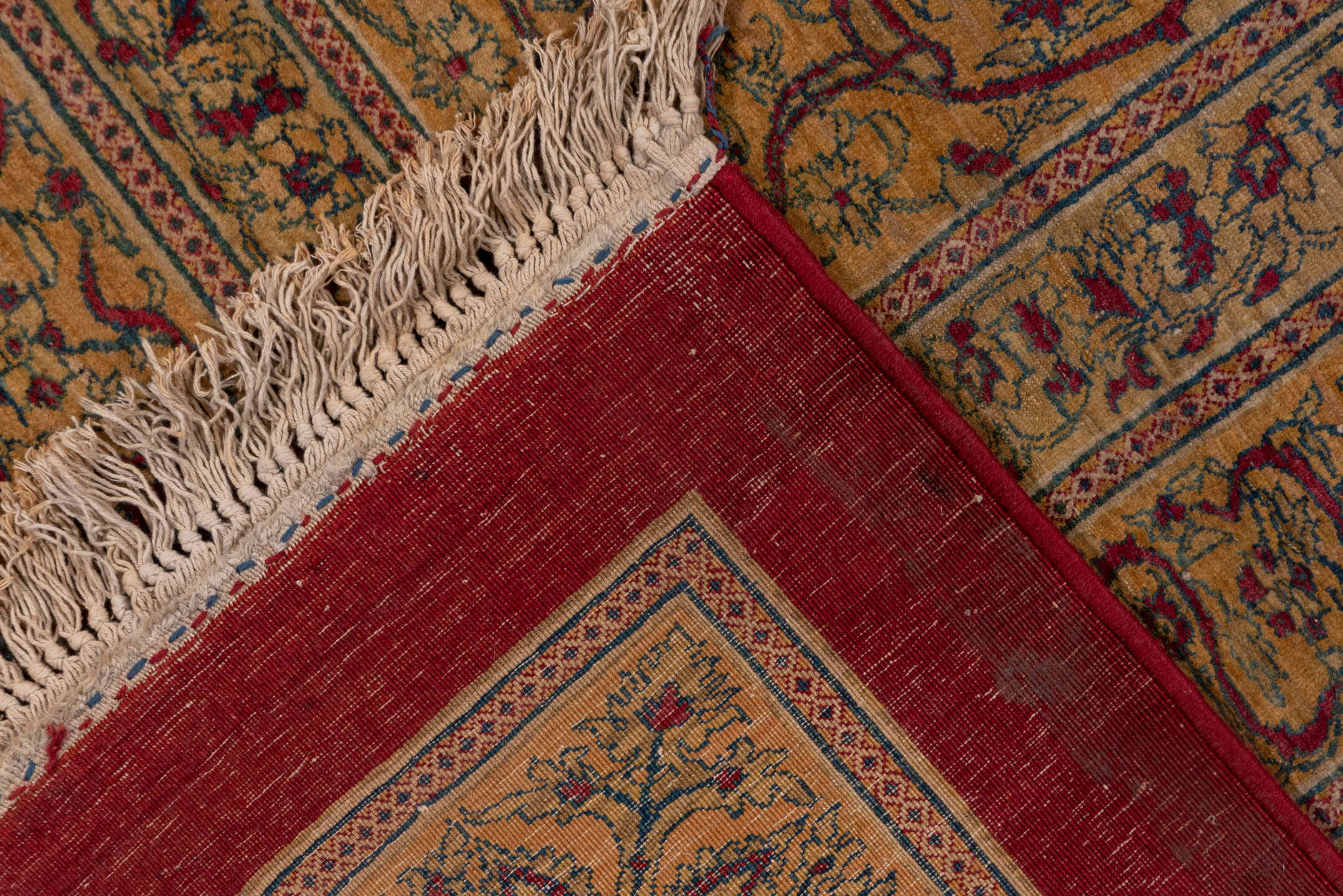 17' x 32' one-of-a-kind handmade antique Agra oversize rug. Color palette: crimson, ivory, gold, slate, rose, burgundy, red