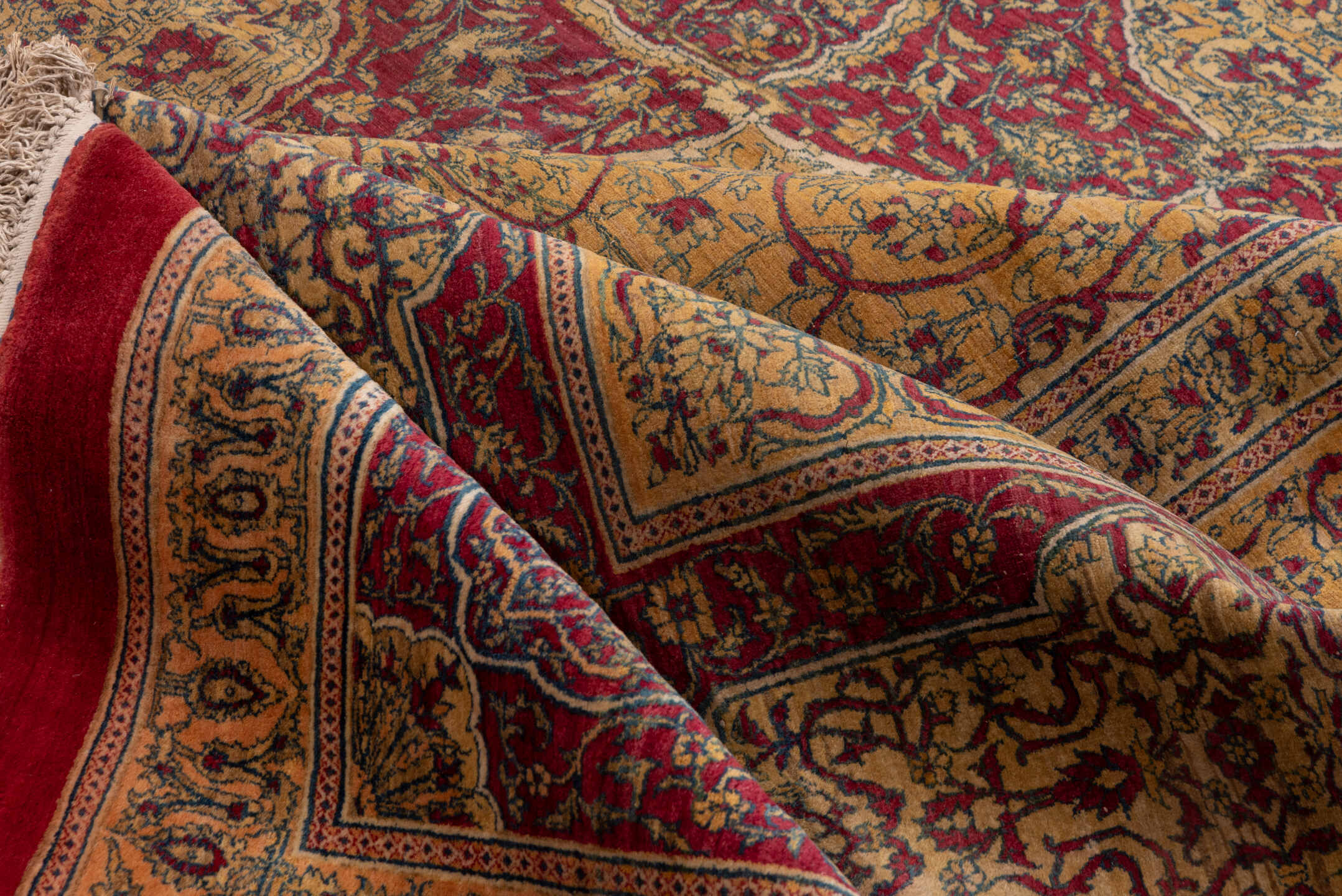 17' x 32' one-of-a-kind handmade antique Agra oversize rug. Color palette: crimson, ivory, gold, slate, rose, burgundy, red