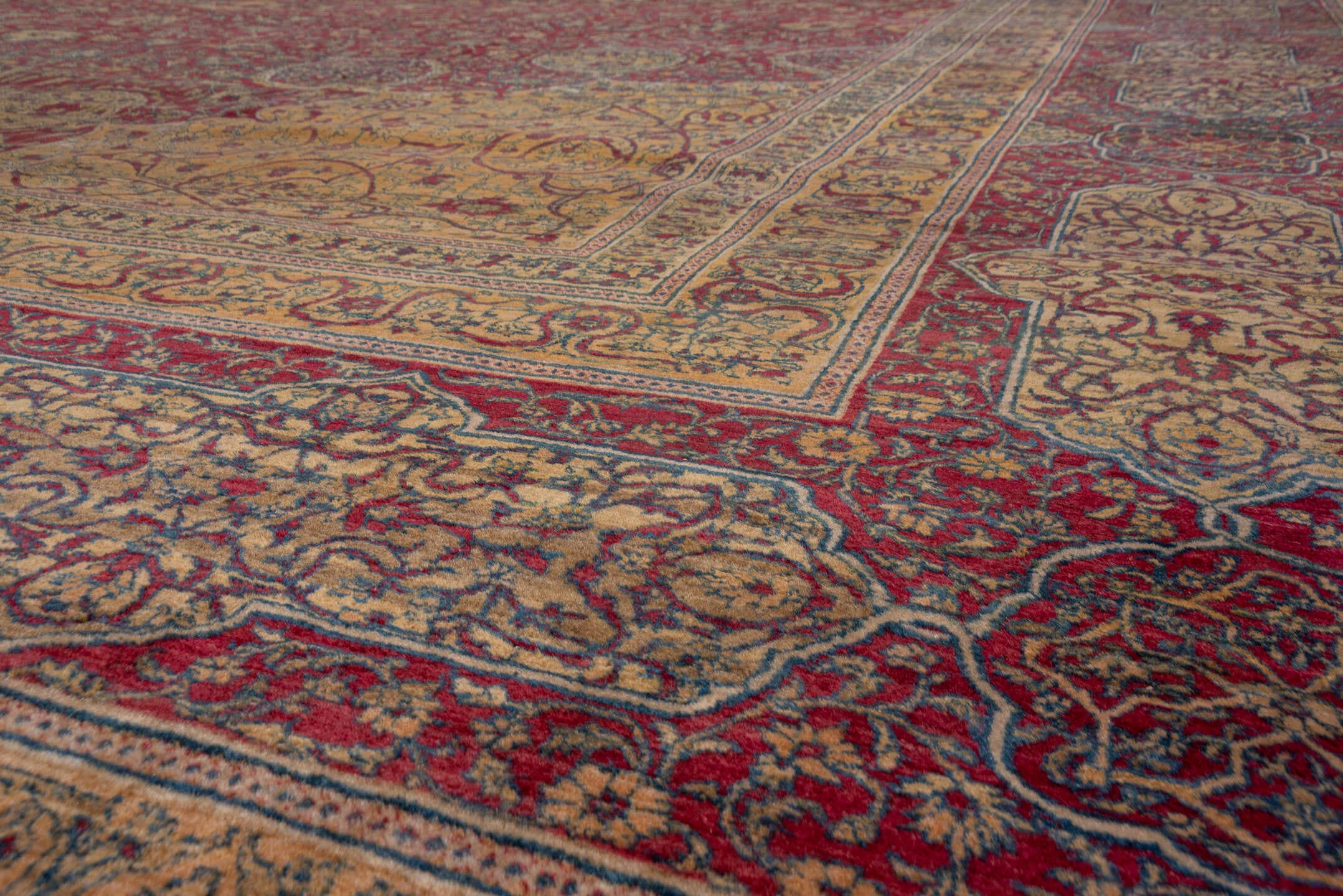 17' x 32' one-of-a-kind handmade antique Agra oversize rug. Color palette: crimson, ivory, gold, slate, rose, burgundy, red