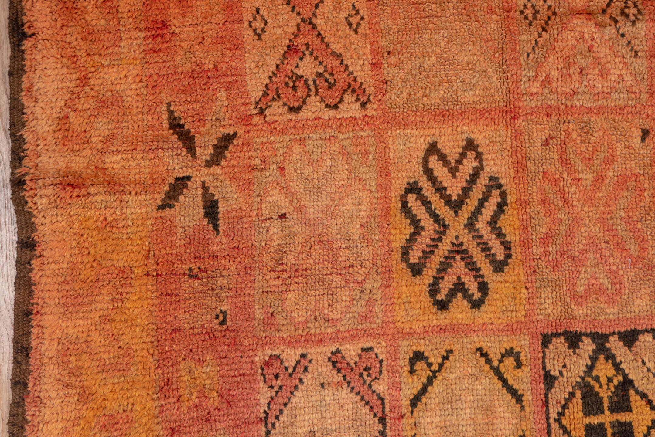 4' x 7' one-of-a-kind handmade vintage Moroccan rug. Color palette: salmon, terra cotta, peach, coral, charcoal, rose