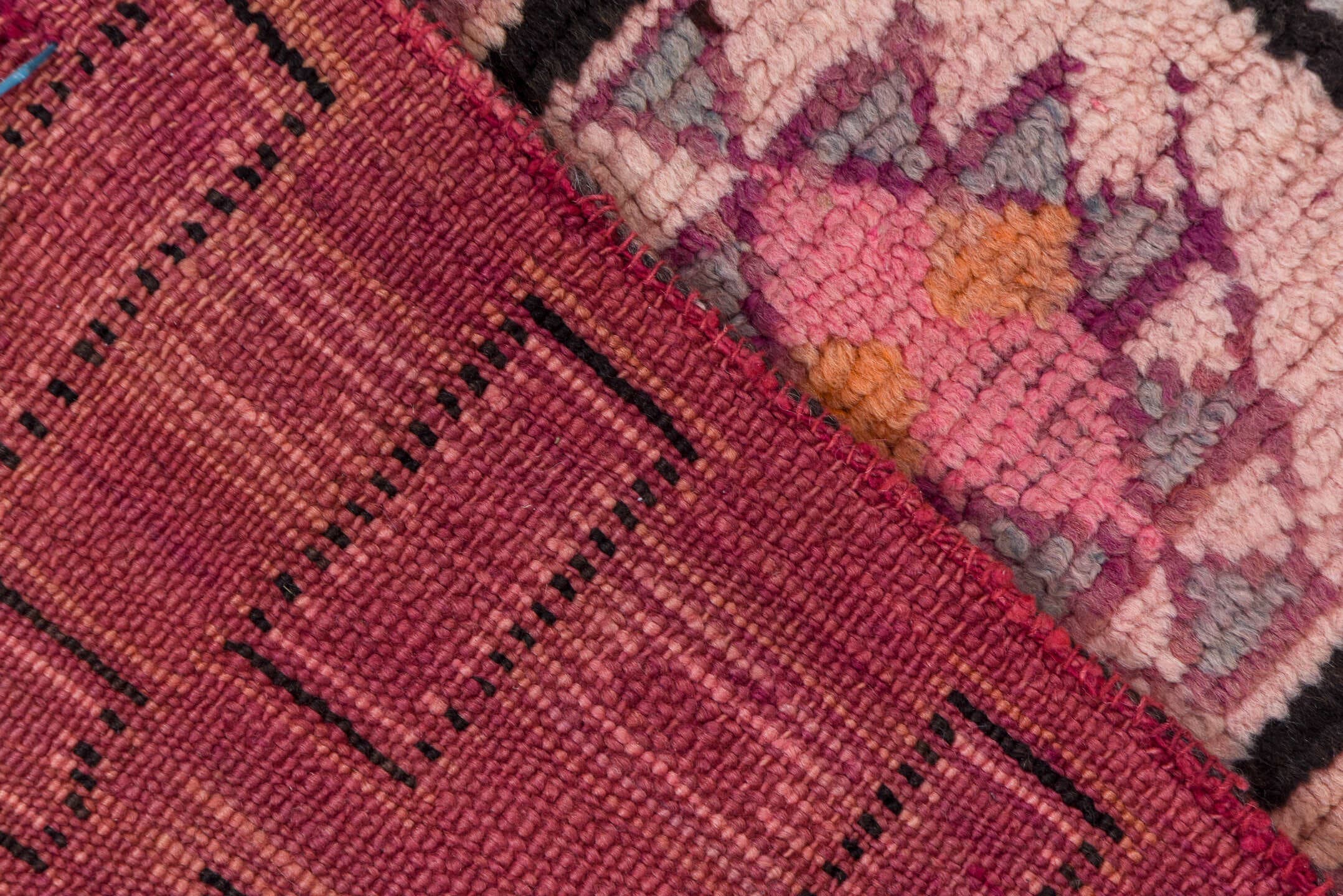 5' x 8' one-of-a-kind handmade vintage Moroccan medium size rug. Color palette: magenta, rose, mauve, peach, plum, lavender