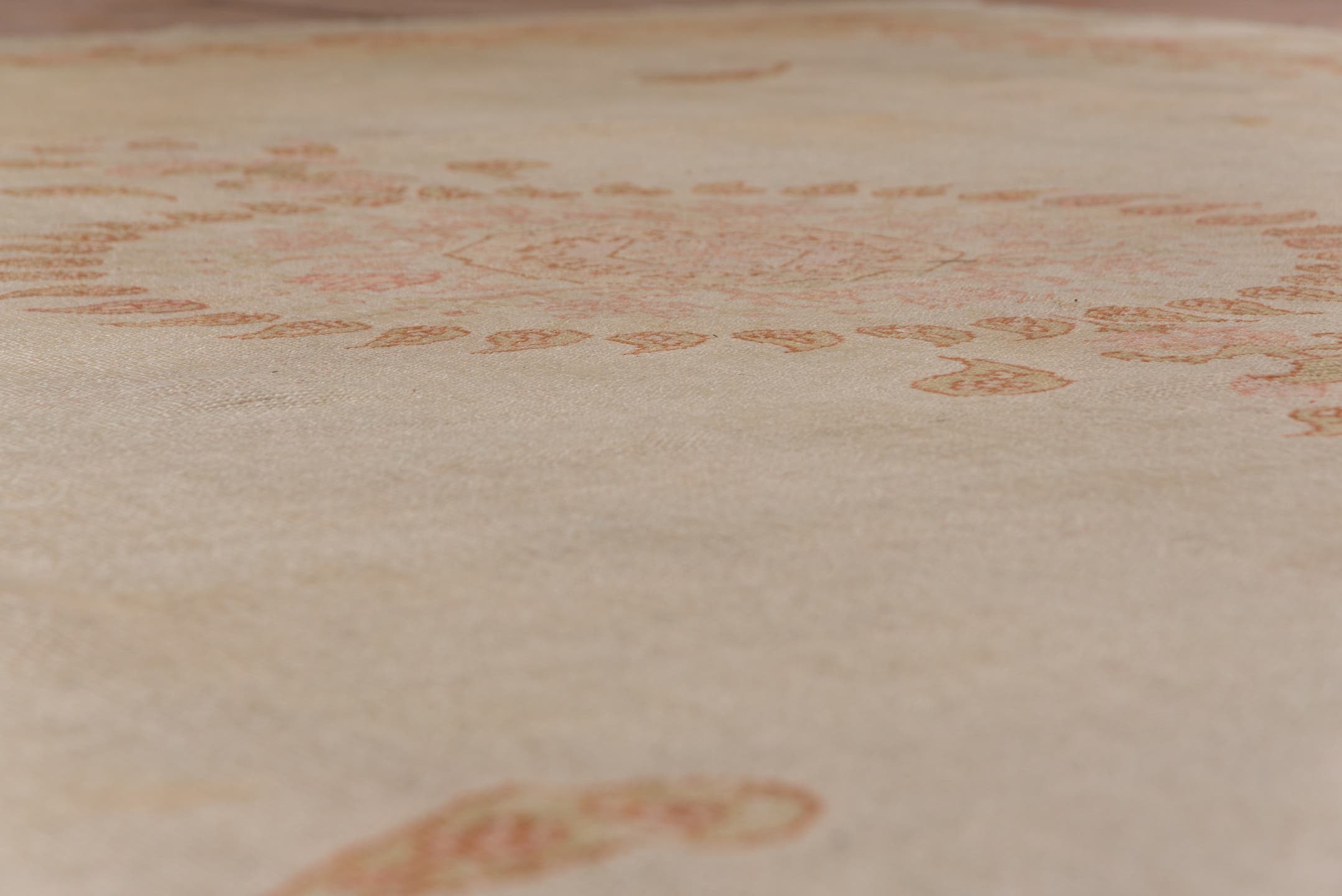 9' x 12' one-of-a-kind handmade antique Oushak large size rug. Color palette: ivory, beige, blush, apricot, gold, taupe