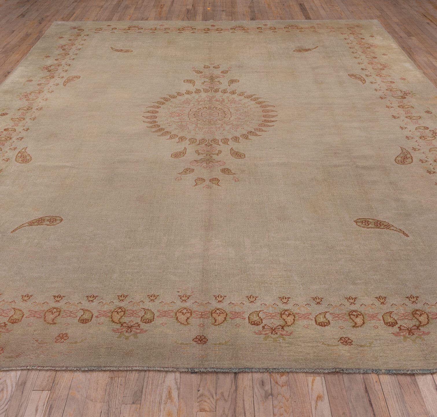 9' x 12' one-of-a-kind handmade antique Oushak large size rug. Color palette: ivory, beige, blush, apricot, gold, taupe