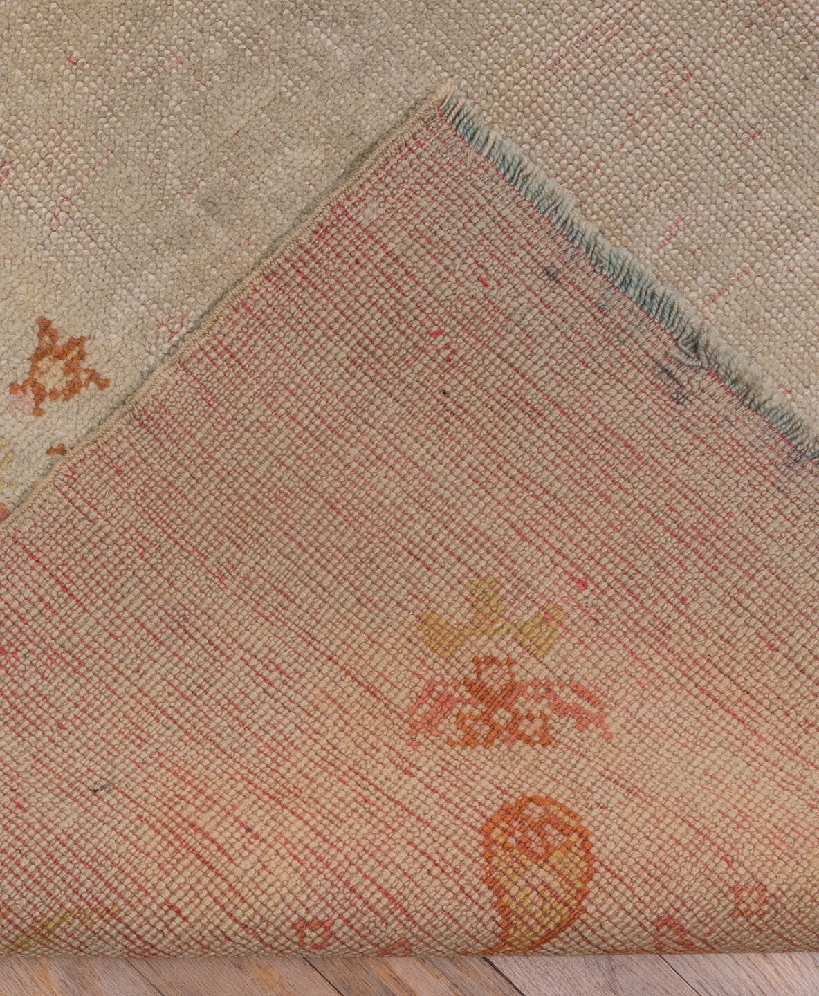 9' x 12' one-of-a-kind handmade antique Oushak large size rug. Color palette: ivory, beige, blush, apricot, gold, taupe