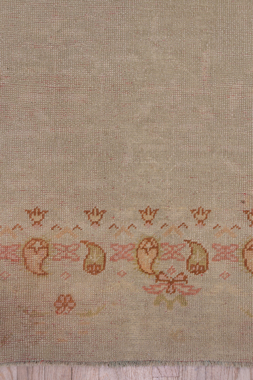 9' x 12' one-of-a-kind handmade antique Oushak large size rug. Color palette: ivory, beige, blush, apricot, gold, taupe