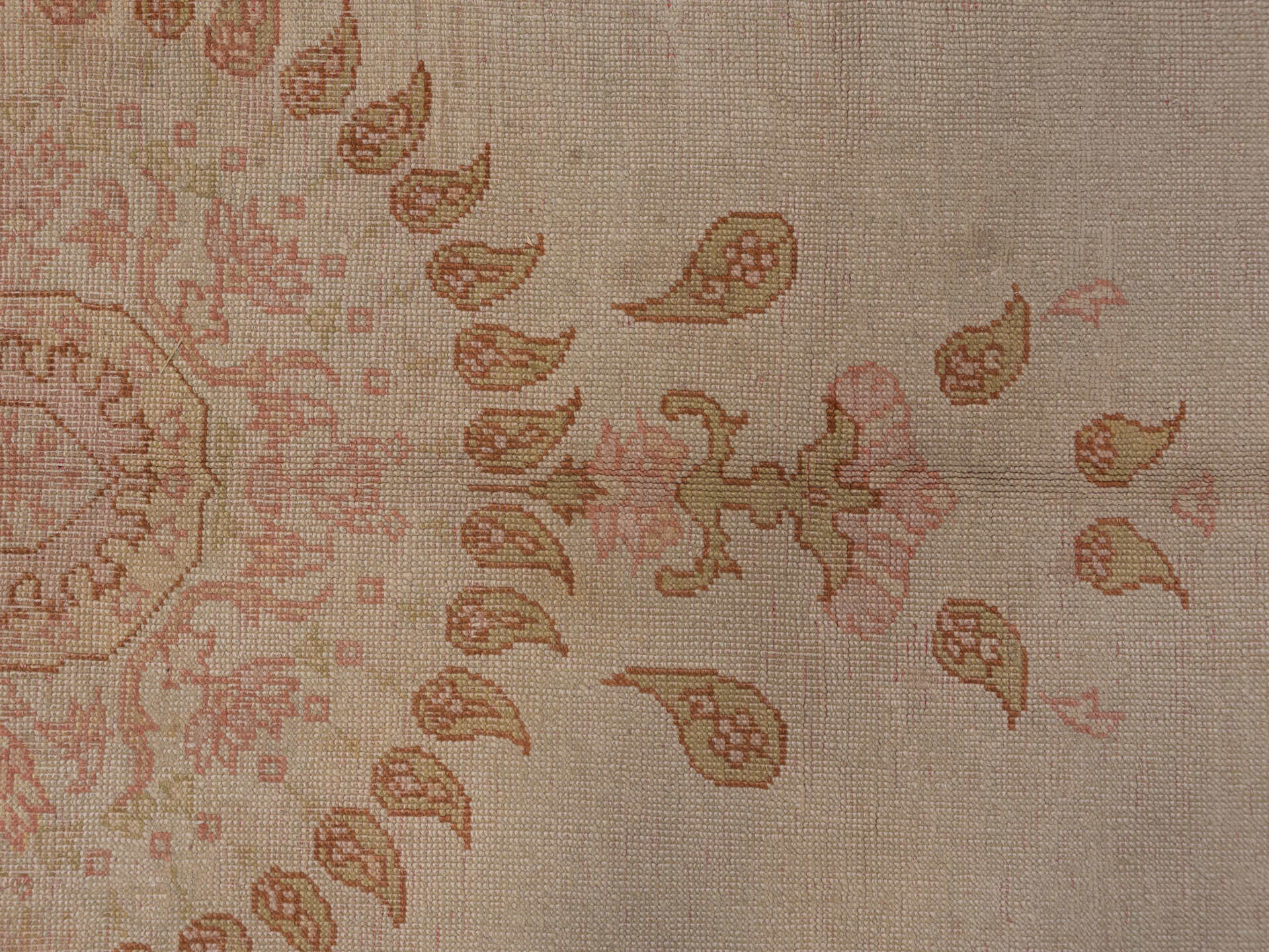 9' x 12' one-of-a-kind handmade antique Oushak large size rug. Color palette: ivory, beige, blush, apricot, gold, taupe