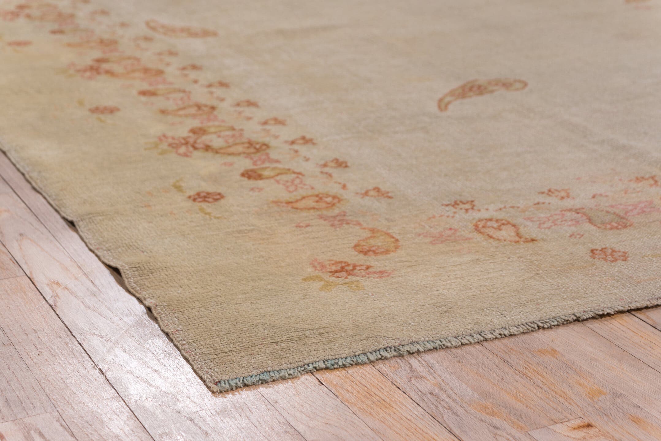 9' x 12' one-of-a-kind handmade antique Oushak large size rug. Color palette: ivory, beige, blush, apricot, gold, taupe