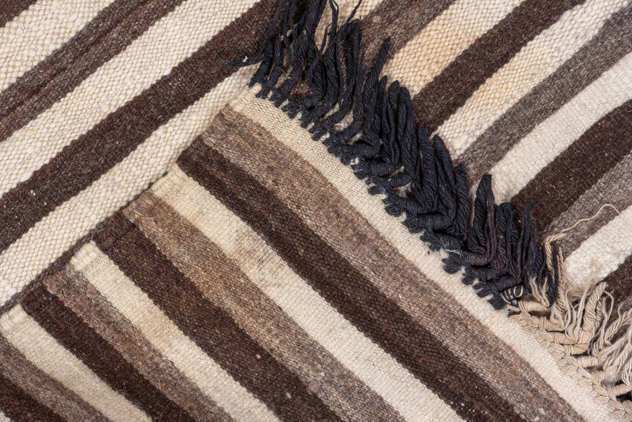 3' x 6' one-of-a-kind handmade vintage Blanket small size rug. Color palette: ivory, brown, taupe, charcoal, beige, gray