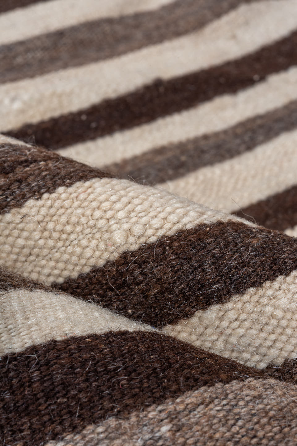 3' x 6' one-of-a-kind handmade vintage Blanket small size rug. Color palette: ivory, brown, taupe, charcoal, beige, gray