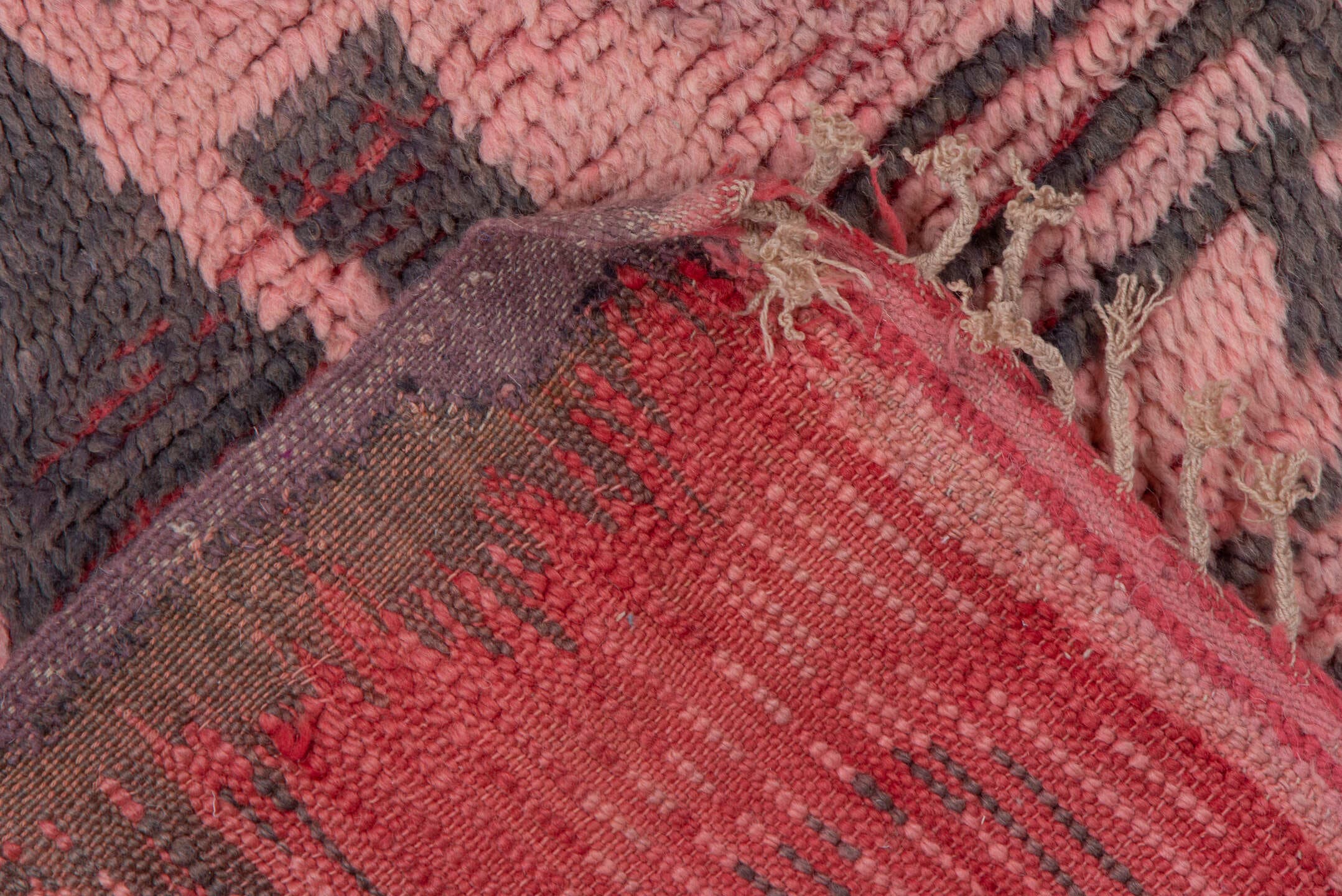 5' x 6' one-of-a-kind handmade vintage Moroccan rug. Color palette: rose, crimson, charcoal, blush, terra cotta, pink, red