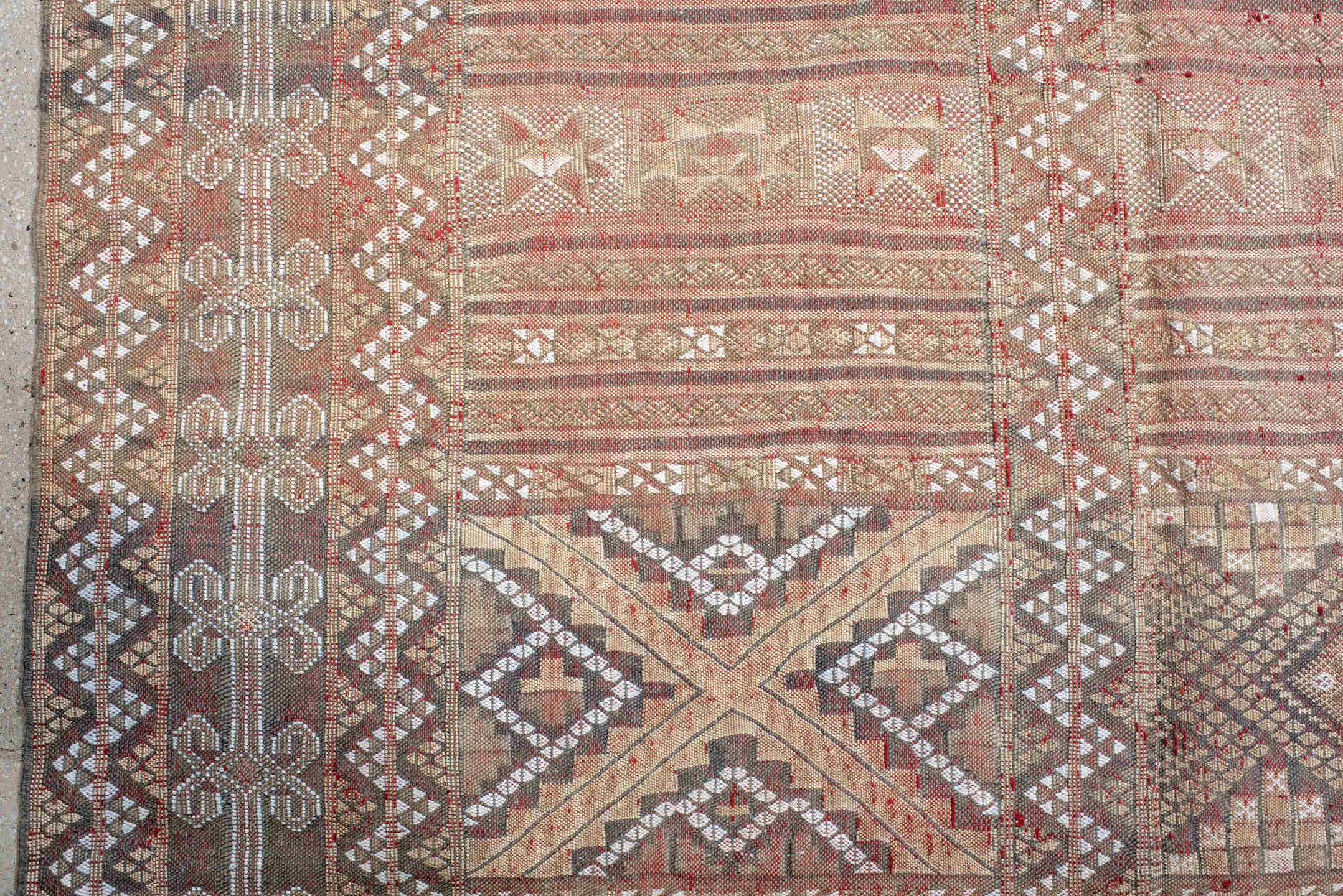7' x 11' one-of-a-kind handmade vintage Kilim large size rug. Color palette: rose, ivory, taupe, dusty blue, rust, beige