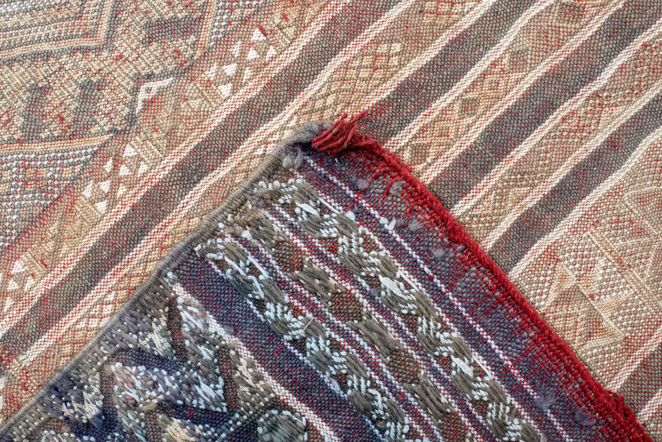 7' x 11' one-of-a-kind handmade vintage Kilim large size rug. Color palette: rose, ivory, taupe, dusty blue, rust, beige