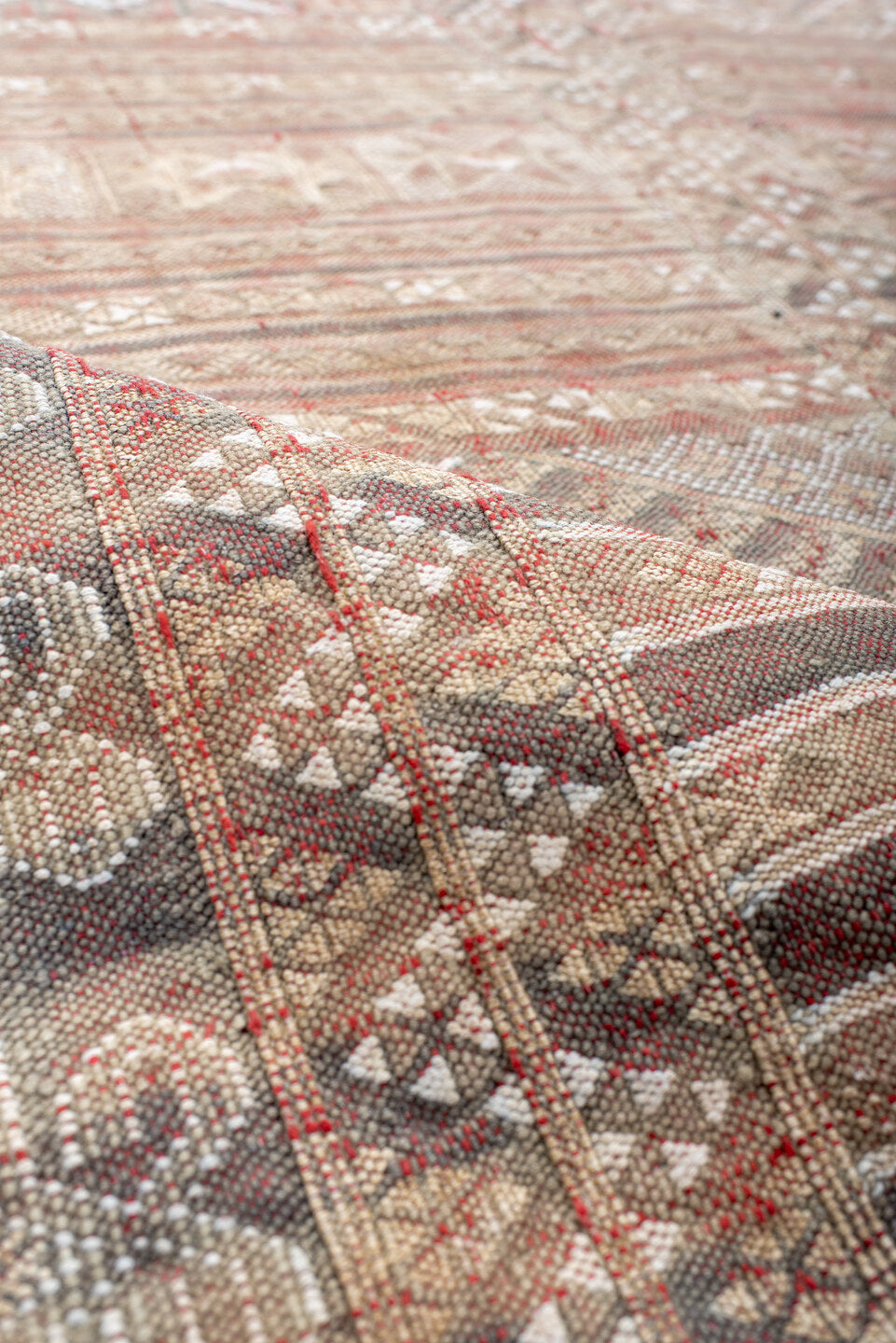 7' x 11' one-of-a-kind handmade vintage Kilim large size rug. Color palette: rose, ivory, taupe, dusty blue, rust, beige