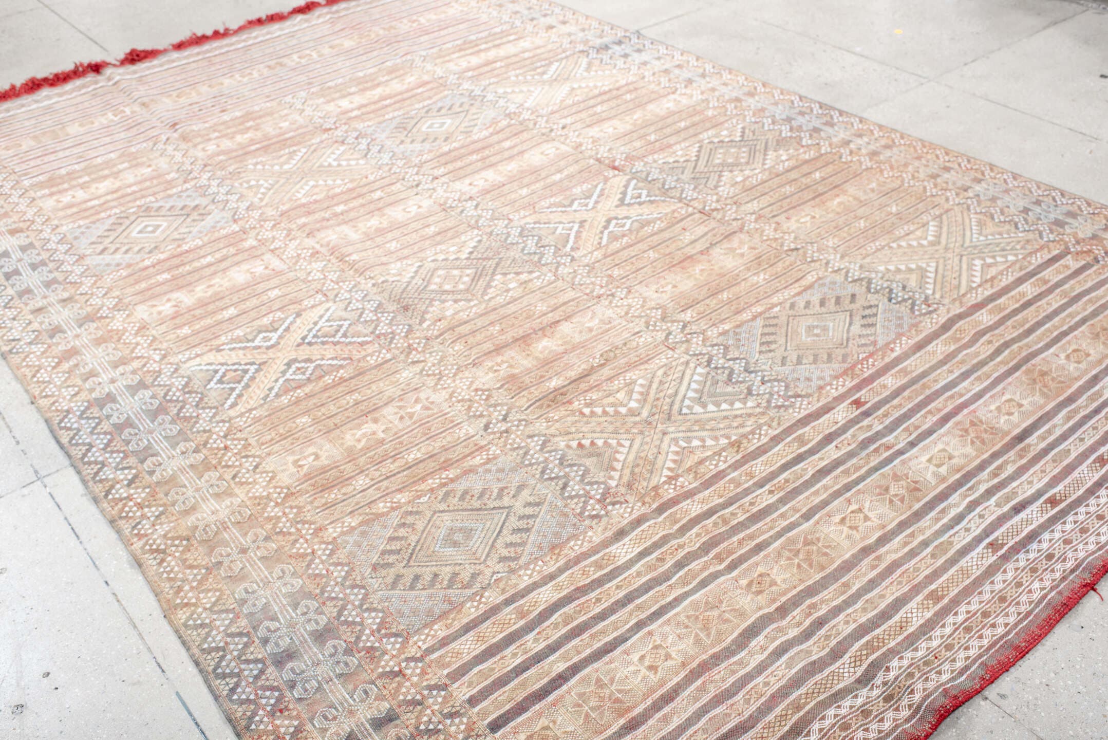 7' x 11' one-of-a-kind handmade vintage Kilim large size rug. Color palette: rose, ivory, taupe, dusty blue, rust, beige