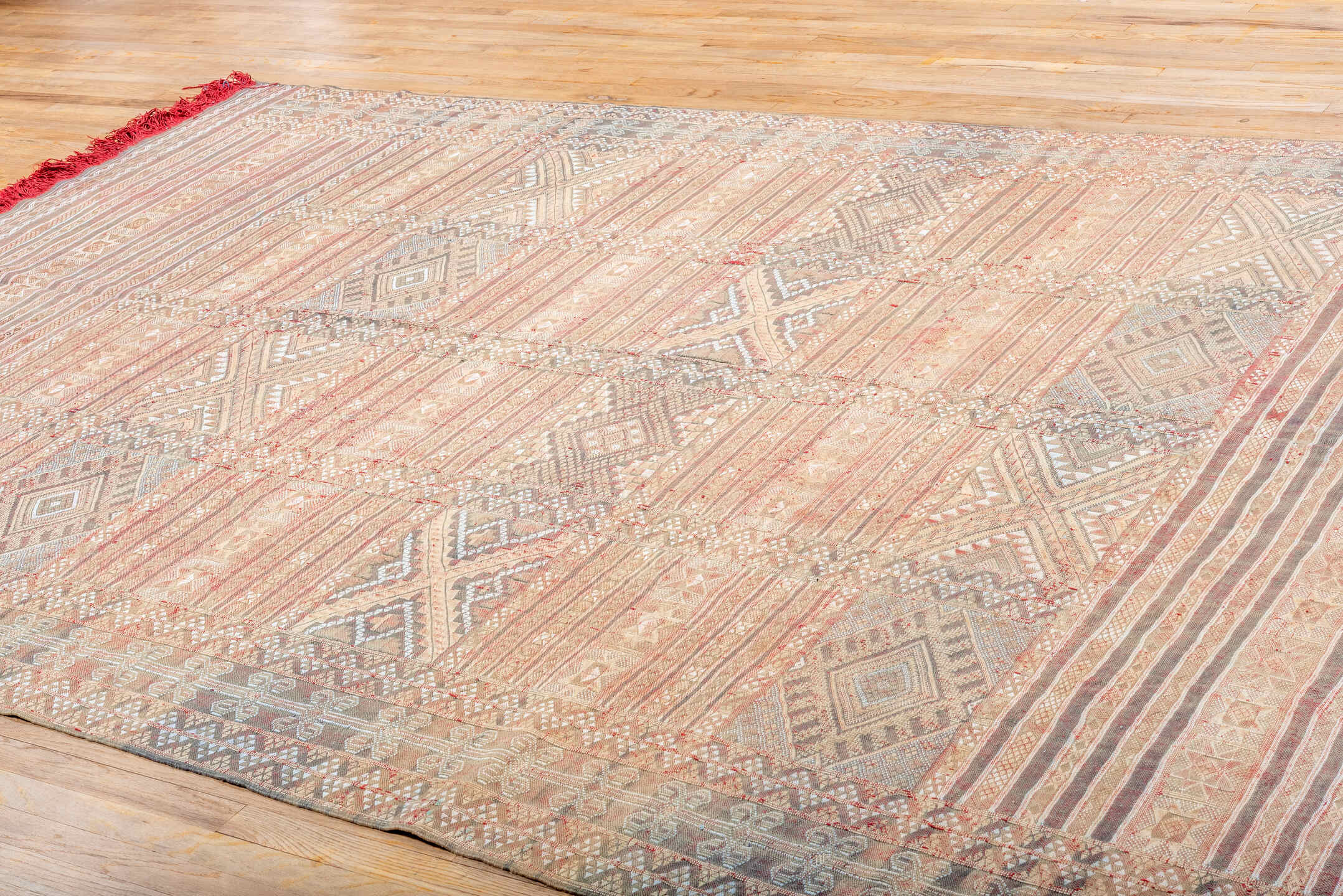 7' x 11' one-of-a-kind handmade vintage Kilim large size rug. Color palette: rose, ivory, taupe, dusty blue, rust, beige