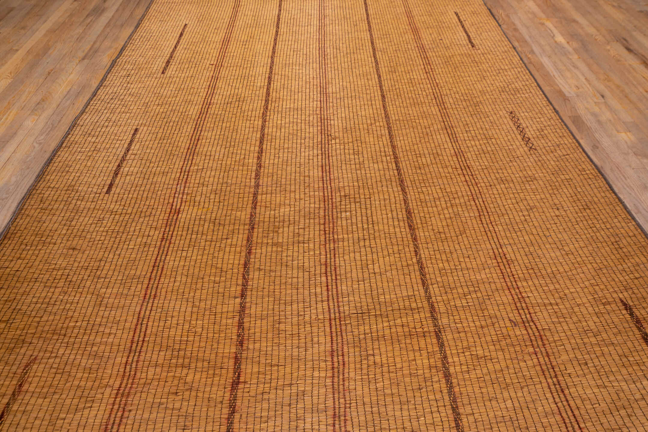 7' x 16' one-of-a-kind handmade vintage Tuareg rug. Color palette: camel, brown, tan, ochre, beige, gold