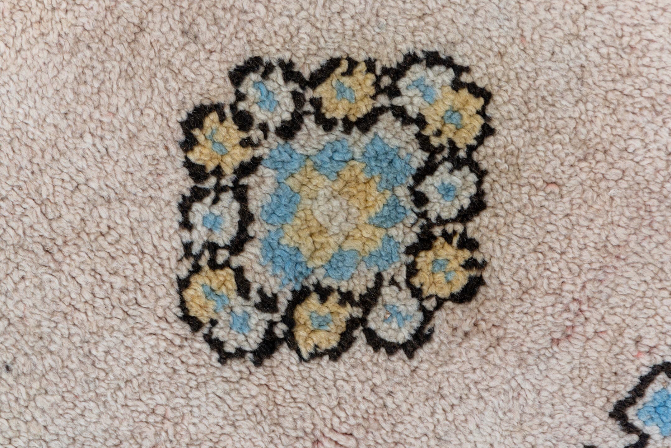 5' x 6' one-of-a-kind handmade vintage Moroccan rug. Color palette: ivory, brown, sky_blue, camel, pale_blue, light blue
