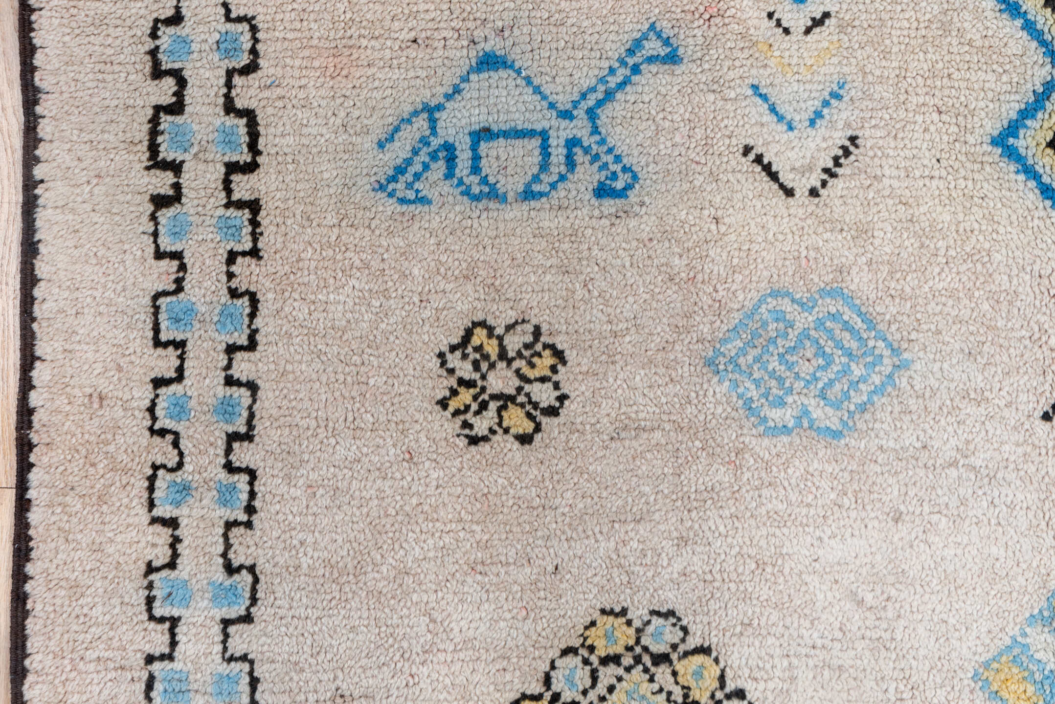 5' x 6' one-of-a-kind handmade vintage Moroccan rug. Color palette: blue, brown, dark gray, gray, light gray