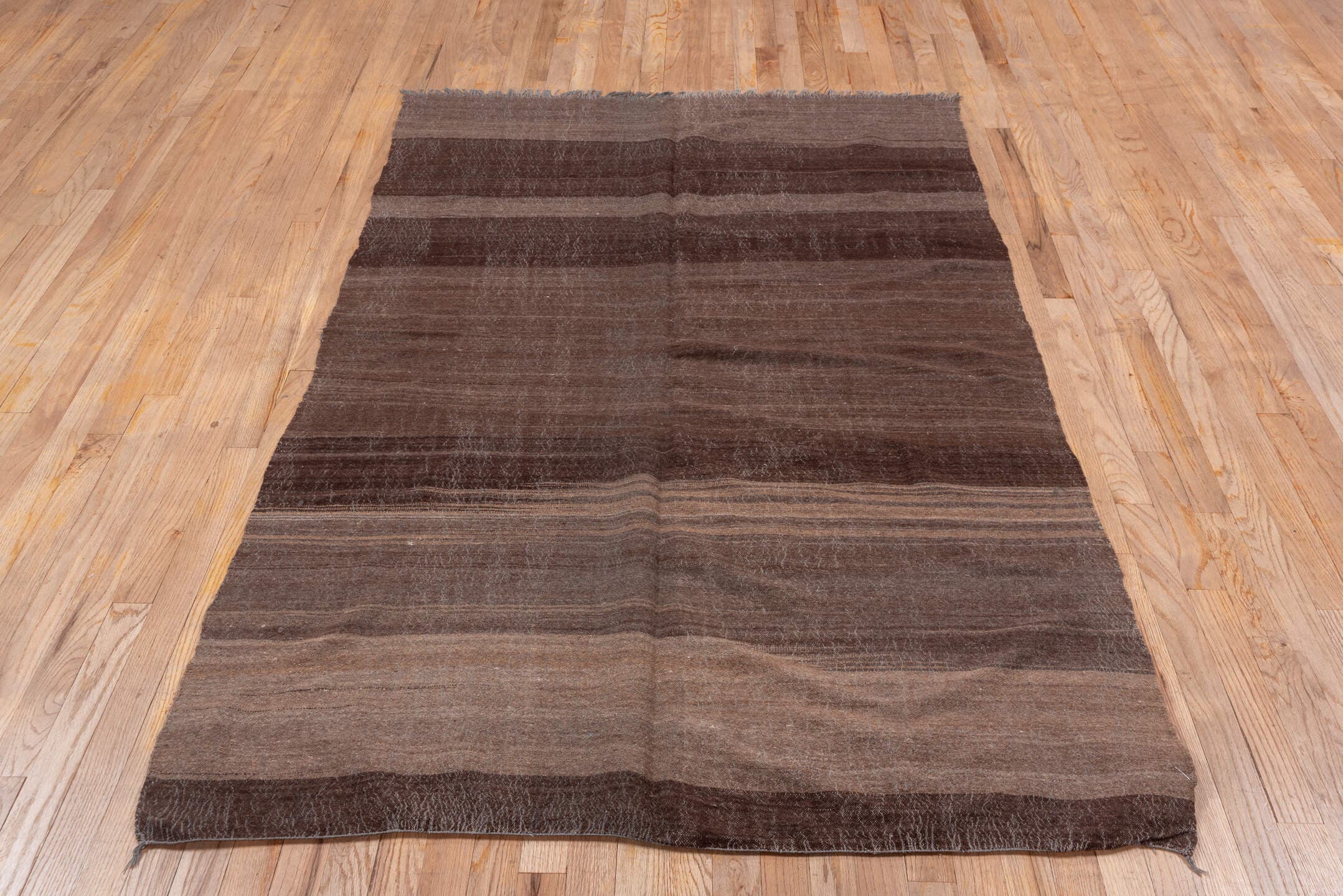 4' x 6' one-of-a-kind handmade vintage Blanket small size rug. Color palette: brown, taupe, charcoal, camel, beige, gray