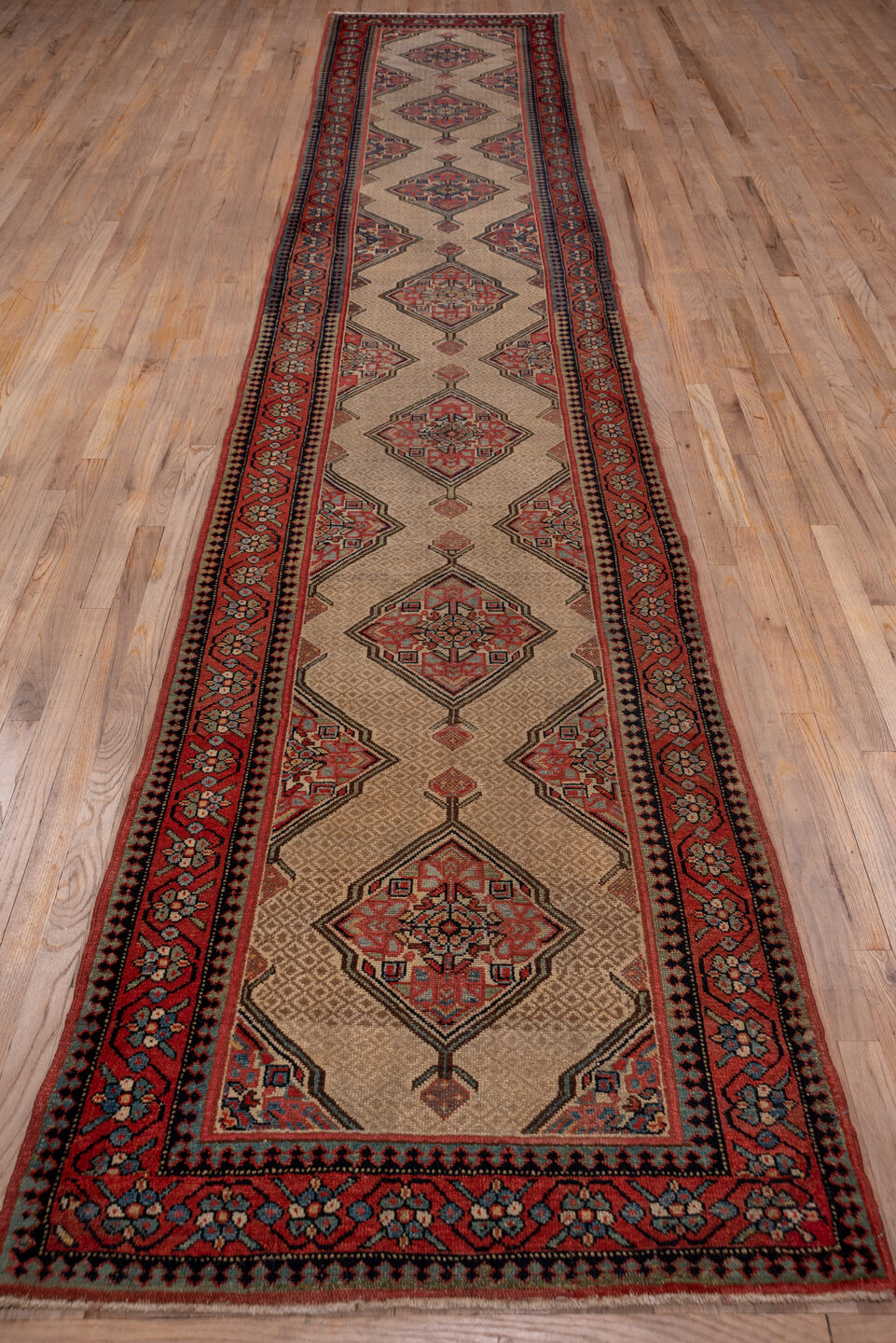 3' x 16' one-of-a-kind handmade vintage Cam Hamadan runner rug. Color palette: blue, brown, gray, light gray, pink, red