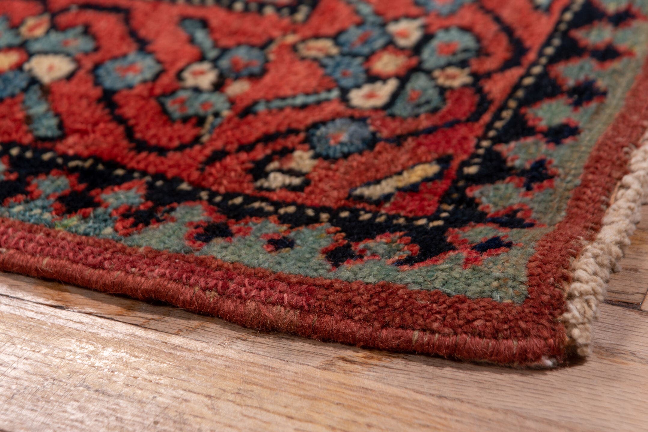 3' x 16' one-of-a-kind handmade antique Cam Hamadan runner rug. Color palette: ivory, rust, navy, rose, taupe, charcoal