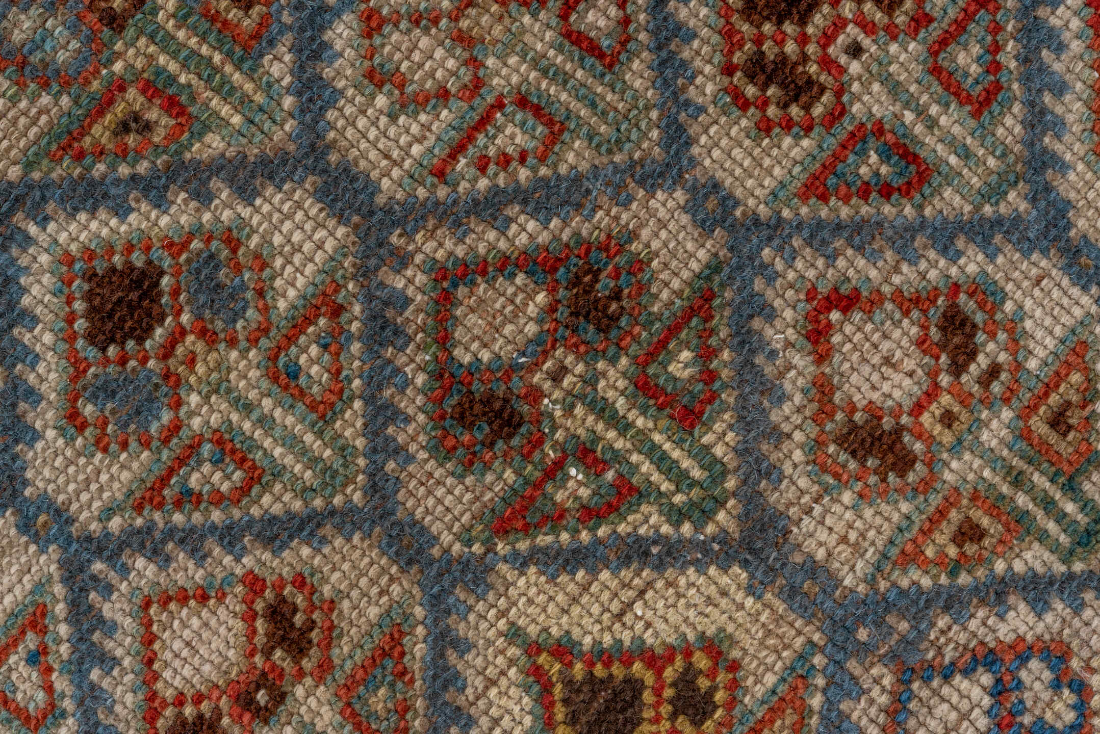 5' x 12' one-of-a-kind handmade antique NW Persian rug. Color palette: camel, ivory, slate, rust, blue, taupe, charcoal