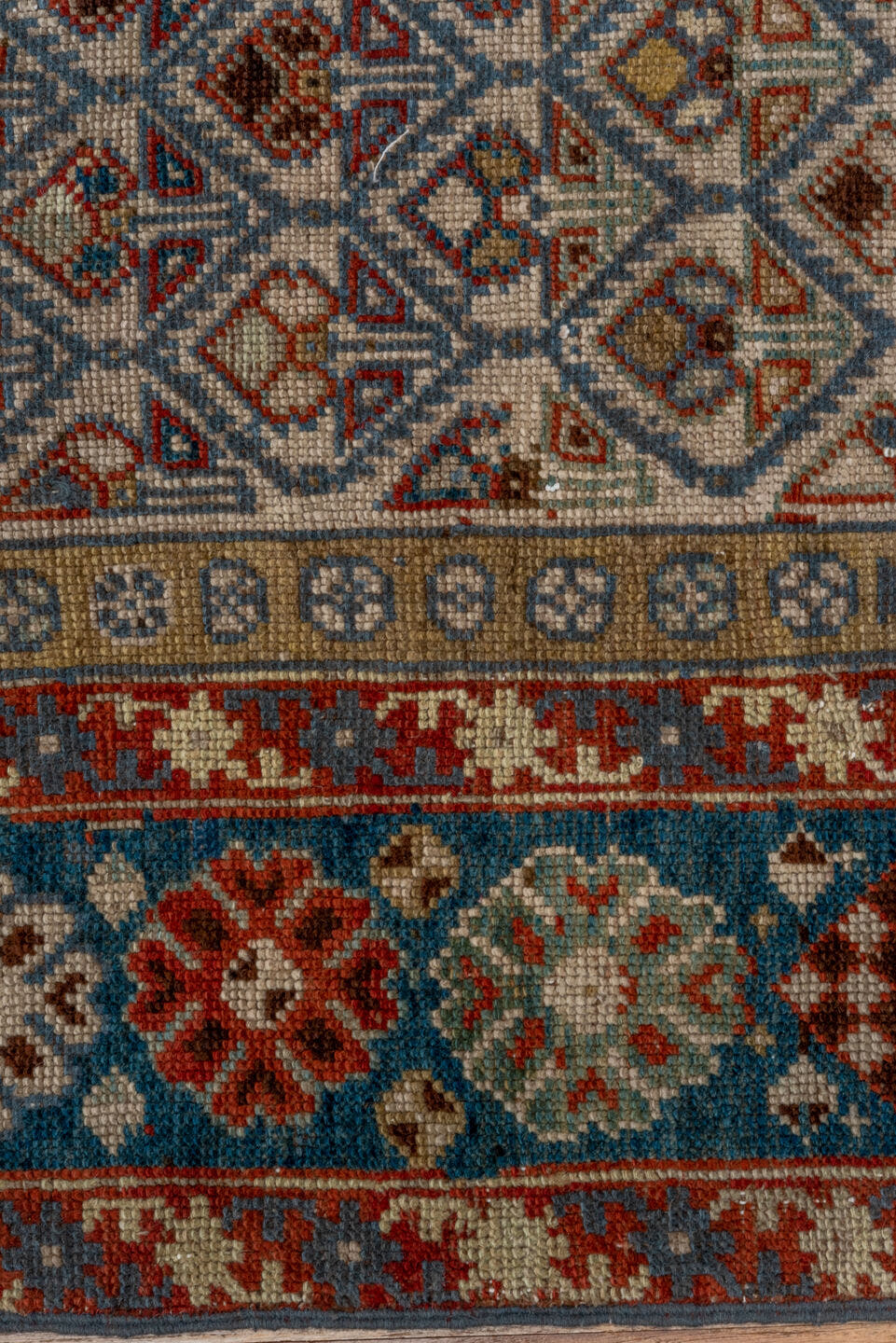 5' x 12' one-of-a-kind handmade antique NW Persian rug. Color palette: camel, ivory, slate, rust, blue, taupe, charcoal