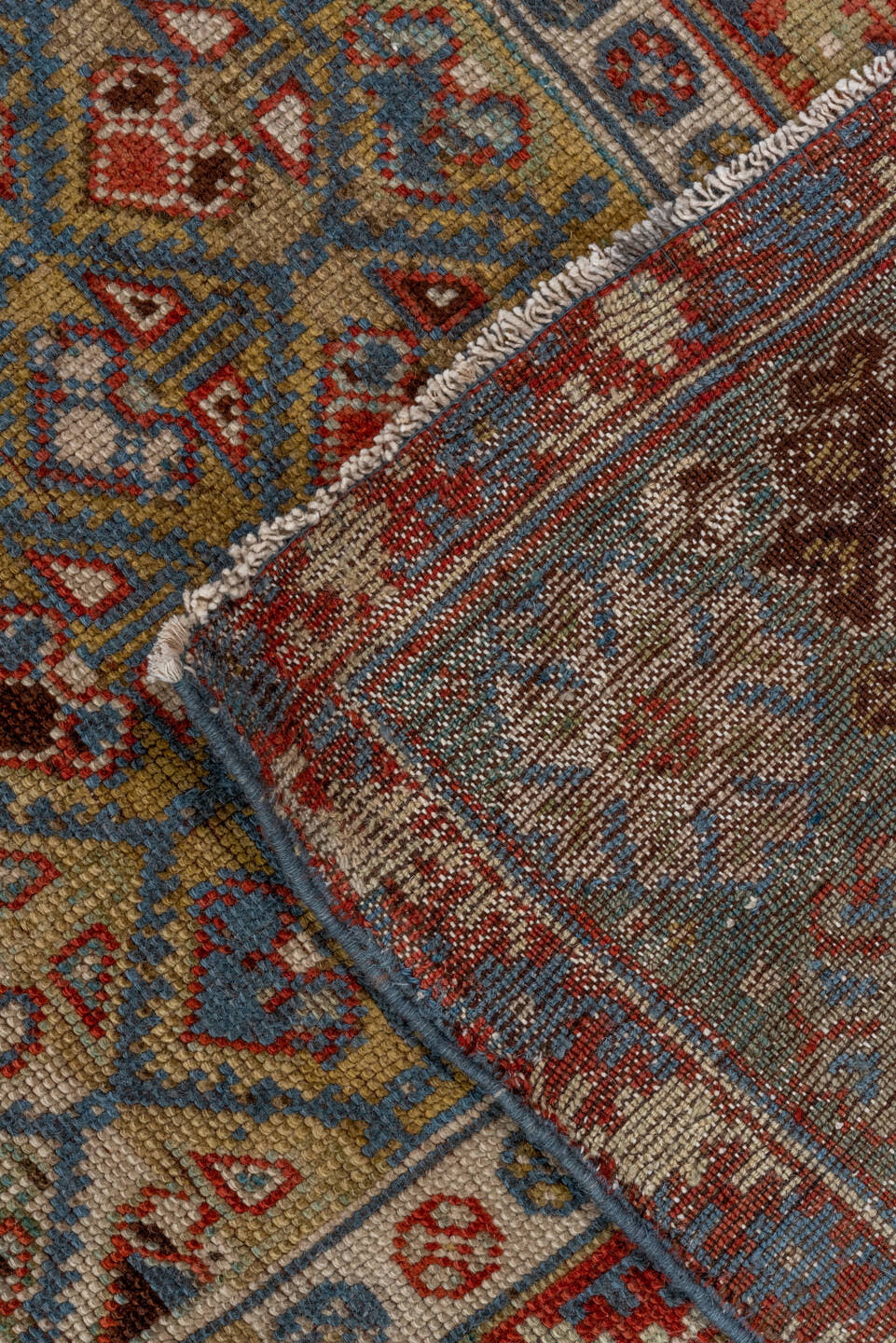 5' x 12' one-of-a-kind handmade antique NW Persian rug. Color palette: camel, ivory, slate, rust, blue, taupe, charcoal