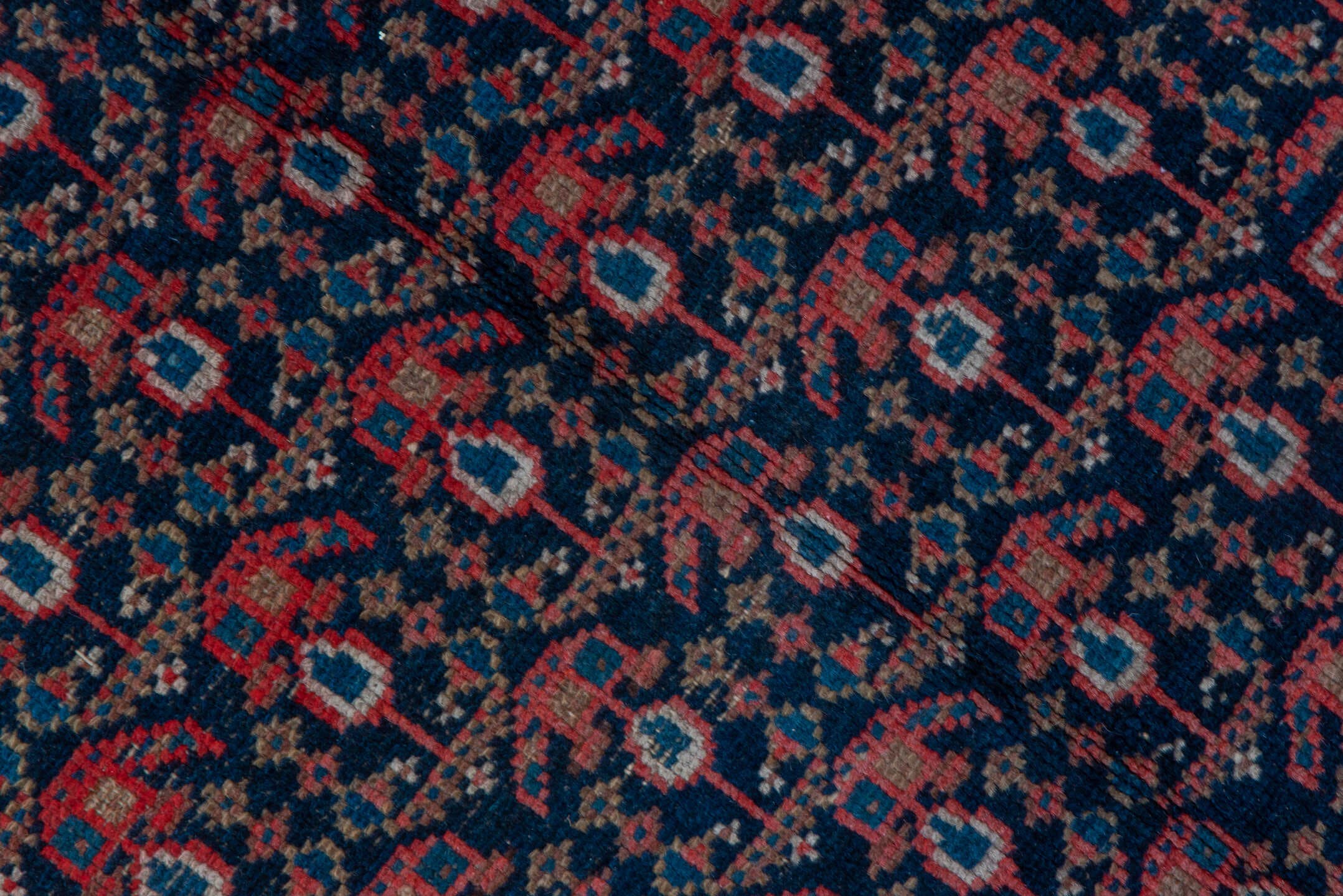 5' x 11' one-of-a-kind handmade vintage Malayer rug. Color palette: indigo, rust, ivory, crimson, navy, rose, camel, purple