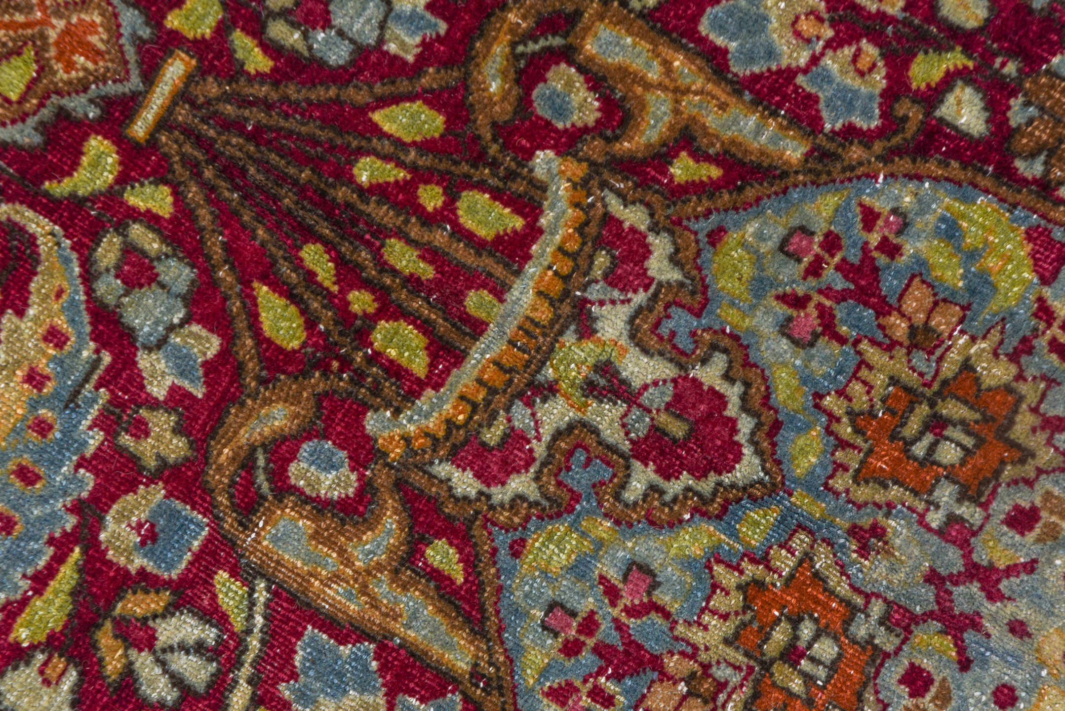 11' x 17' one-of-a-kind handmade antique Kerman oversize rug. Color palette: burgundy, sky blue, ivory, gold, rose, camel