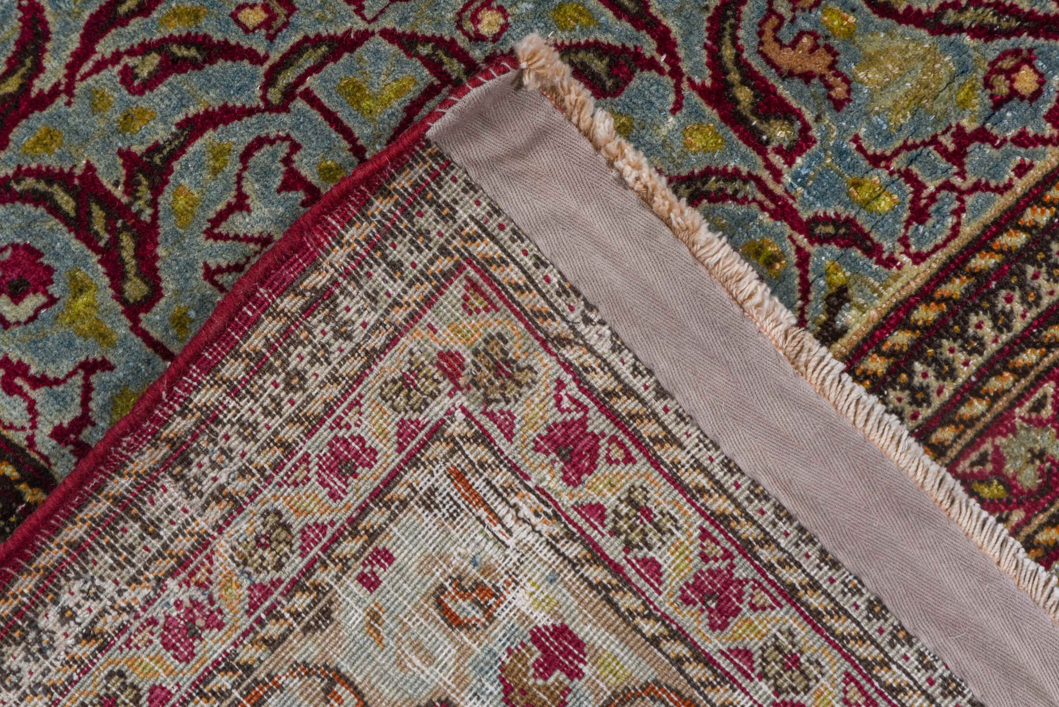 11' x 17' one-of-a-kind handmade antique Kerman oversize rug. Color palette: burgundy, sky blue, ivory, gold, rose, camel