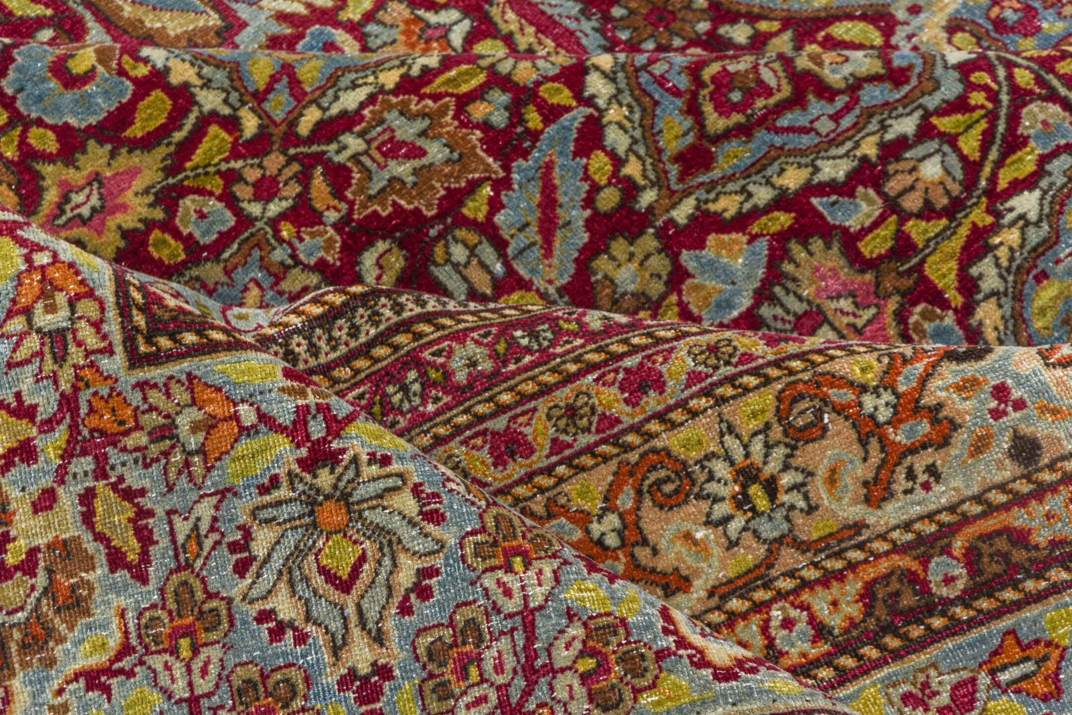 11' x 17' one-of-a-kind handmade antique Kerman oversize rug. Color palette: burgundy, sky blue, ivory, gold, rose, camel