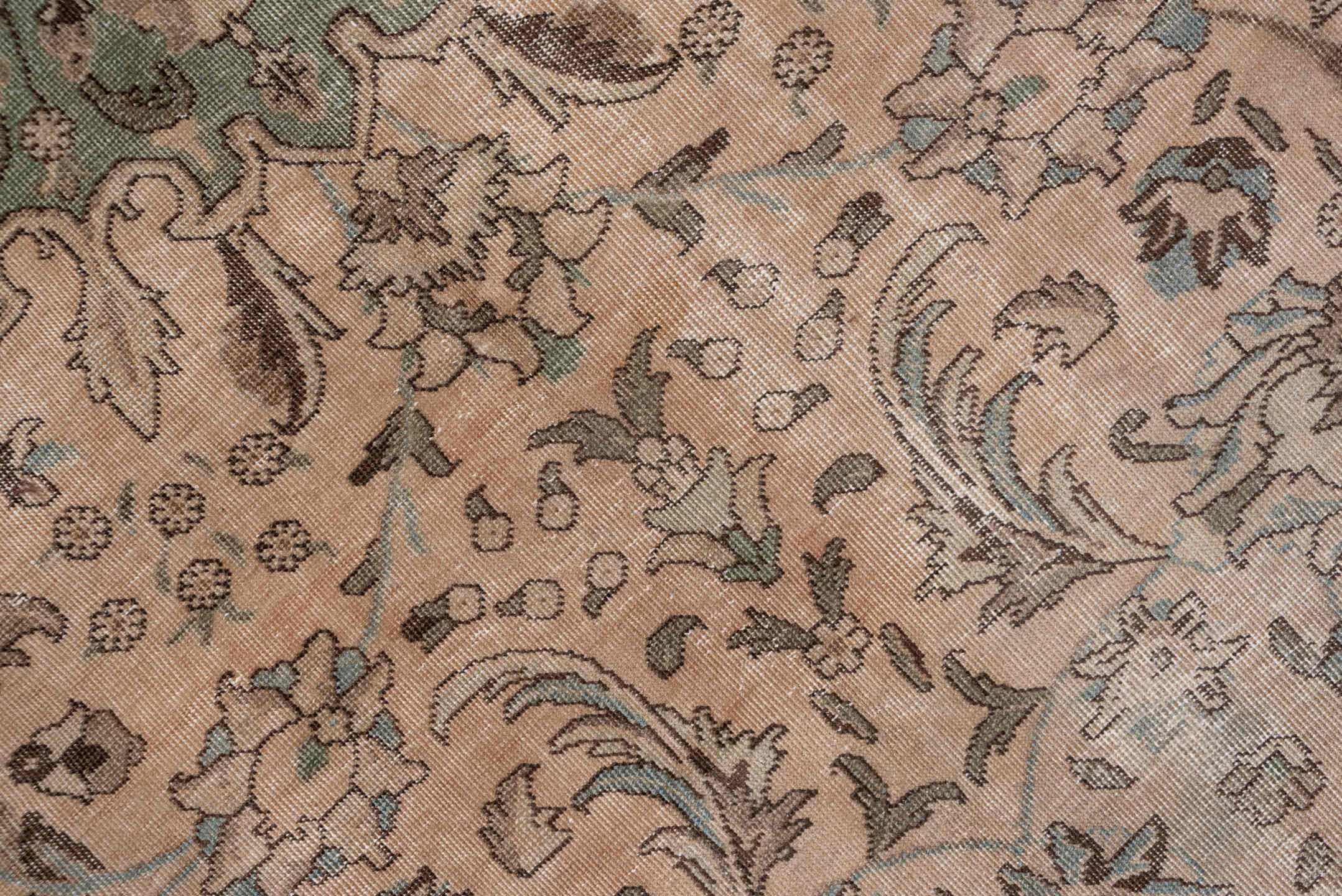 9' x 12' one-of-a-kind handmade antique Tabriz large size rug. Color palette: taupe, ivory, sage, pale blue, brown, beige