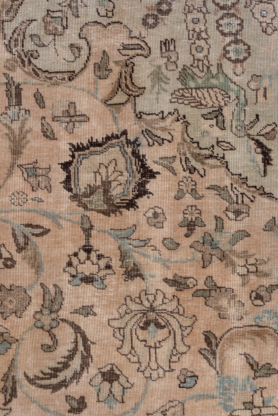 9' x 12' one-of-a-kind handmade antique Tabriz large size rug. Color palette: taupe, ivory, sage, pale blue, brown, beige