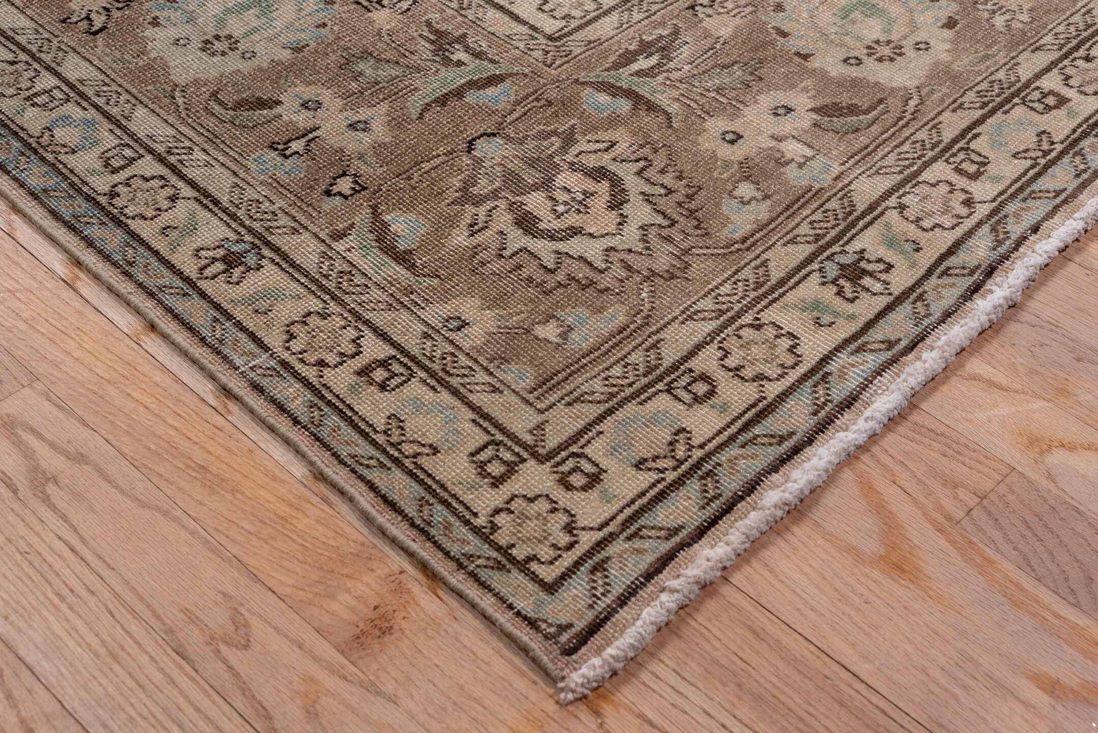 9' x 12' one-of-a-kind handmade antique Tabriz large size rug. Color palette: taupe, ivory, sage, pale blue, brown, beige