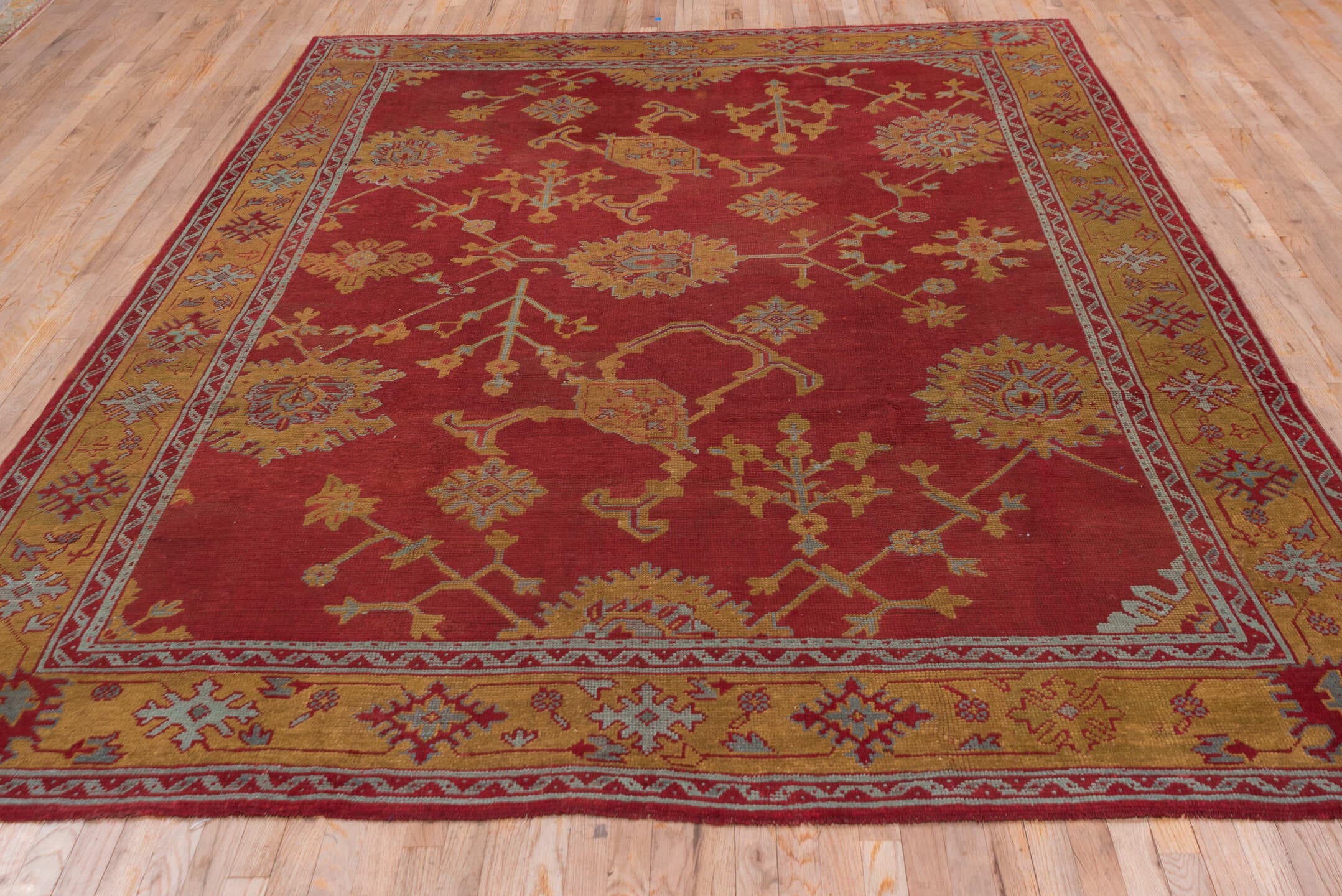 8' x 11' one-of-a-kind handmade antique Oushak large size rug. Color palette: rust, gold, crimson, ivory, pale blue