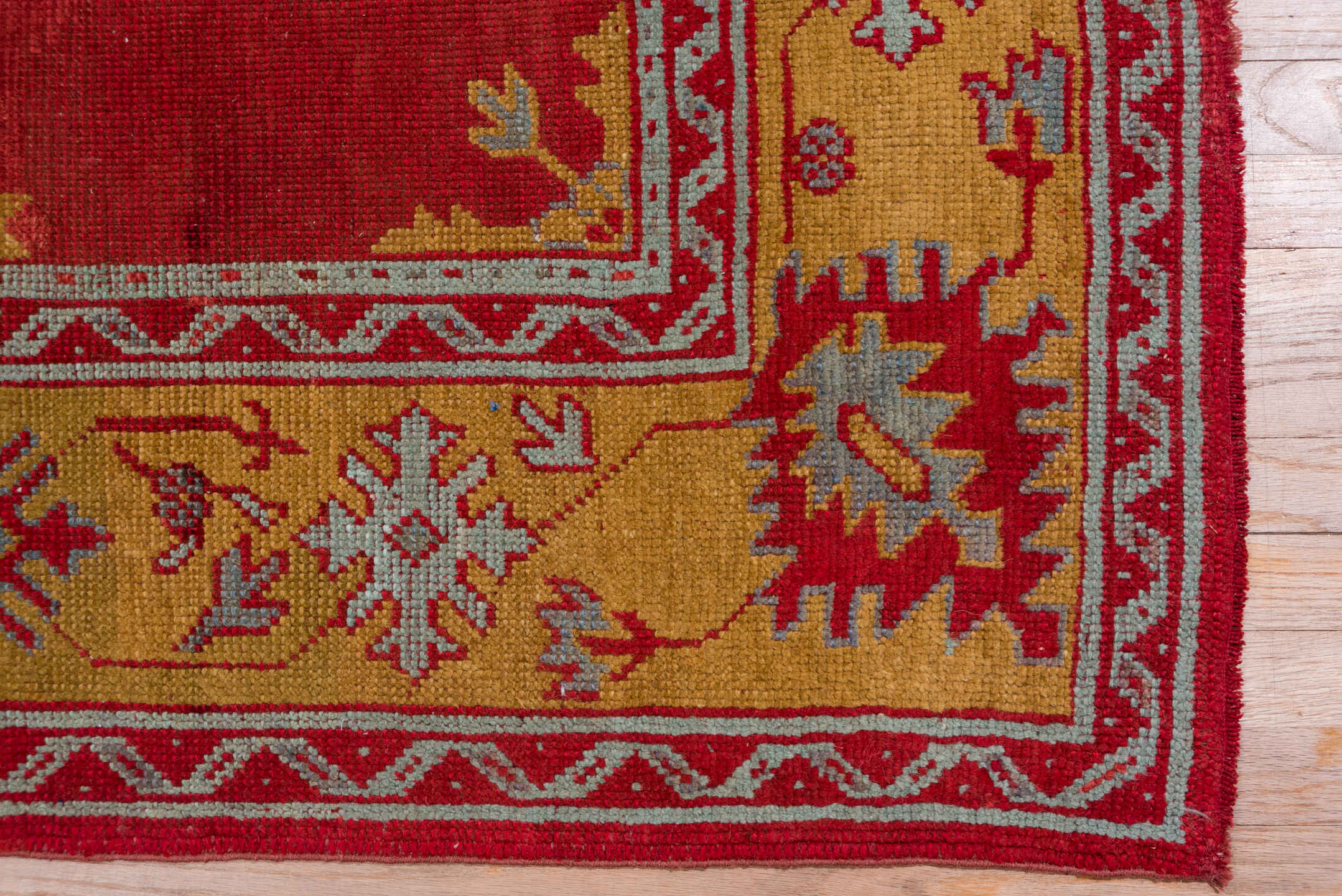 8' x 11' one-of-a-kind handmade antique Oushak large size rug. Color palette: rust, gold, crimson, ivory, pale blue