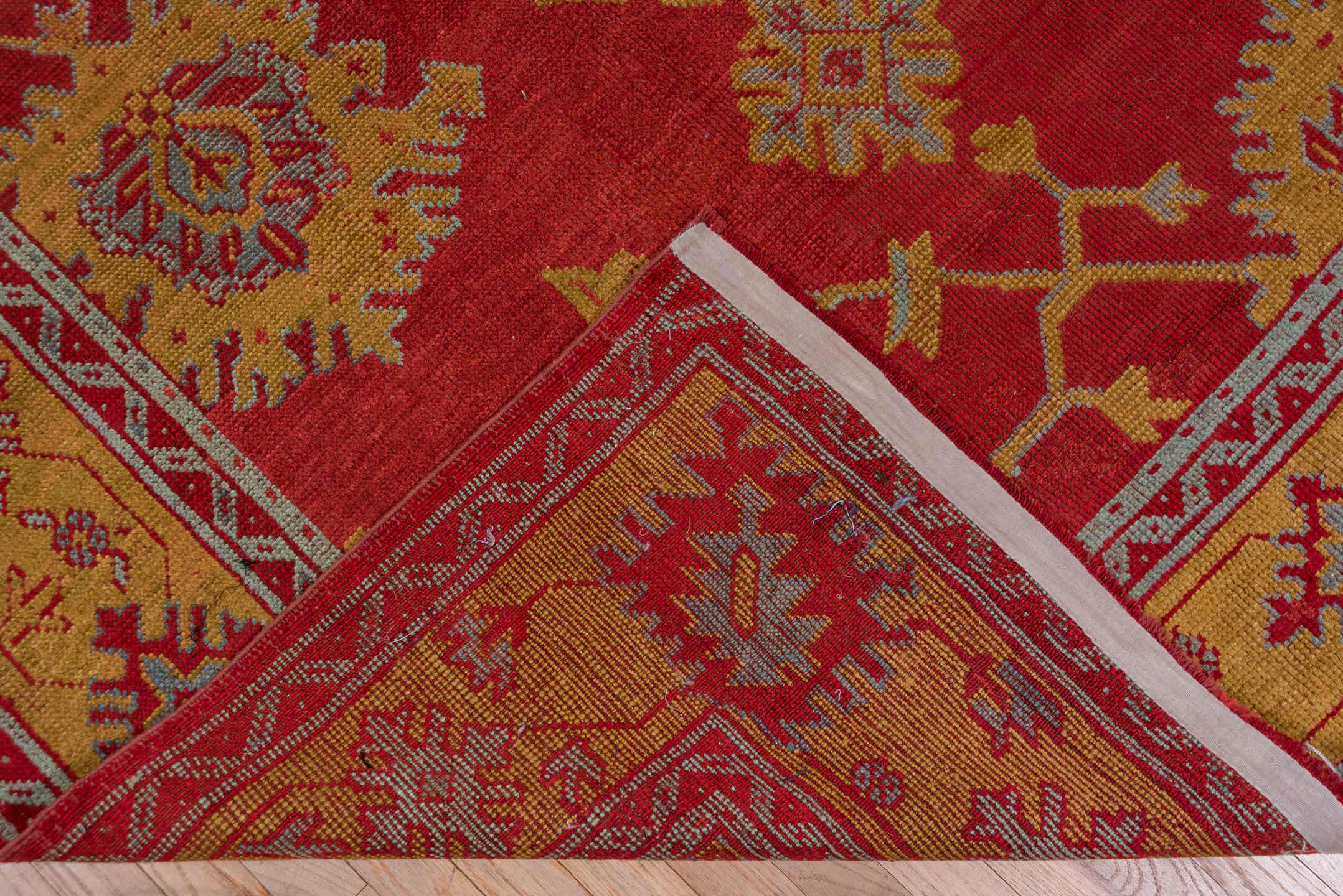 8' x 11' one-of-a-kind handmade antique Oushak large size rug. Color palette: rust, gold, crimson, ivory, pale blue